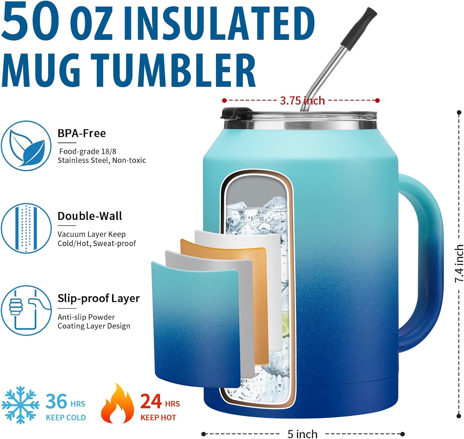 50oz Insulated Mug Tumbler with Handle - Keep Cold-36h & Hot-24h, Stainless Steel Water Jug 50 oz Coffee Mugs with Straw & Spout Lid, Wide Mouth Metal Water Bottle Camping Flask Hospital Cup Travel - Image 5