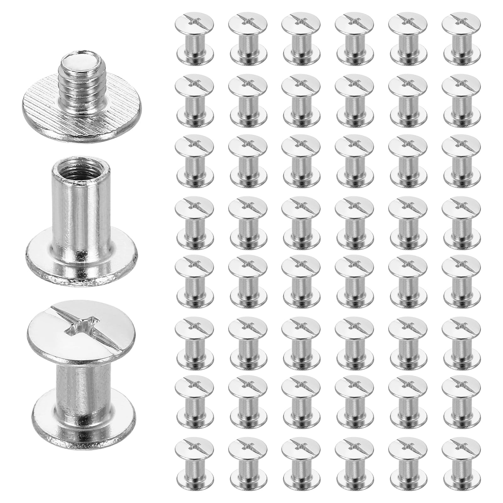 sourcing map 50set Chicago Screw M4 x 8mm 10mm Length Metal Phillips Nail Rivet Stud Screw Bolts Rivets Binding Post Screw for DIY Leather Belt Bag Craft Bookbinding, White