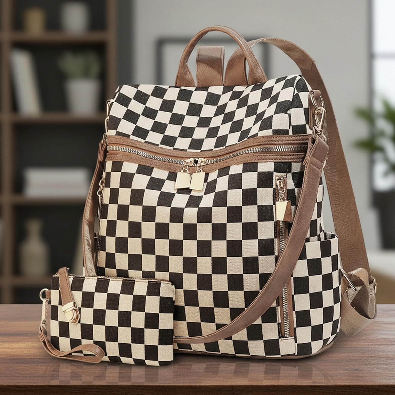Zaino a quadri da donna piccolo zaino con tasche multiple grande borsa tracolla regolabile da viaggio lavoro