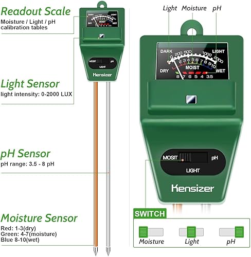 Miniatura 2 de Kensizer Probador de suelo, medidor de humedad del sueloluzpH, kit de herramientas de jardinería para el cuidado de las plantas, termómetro digital