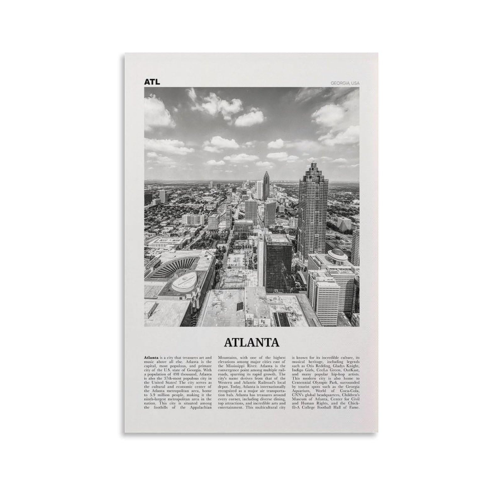 LZTEN Atlanta Print Black And White View, Atlanta Wall Art, Atlanta Poster, Atlanta Photo, Atlanta, Georgia, USA, United States, North America Canvas Wall A