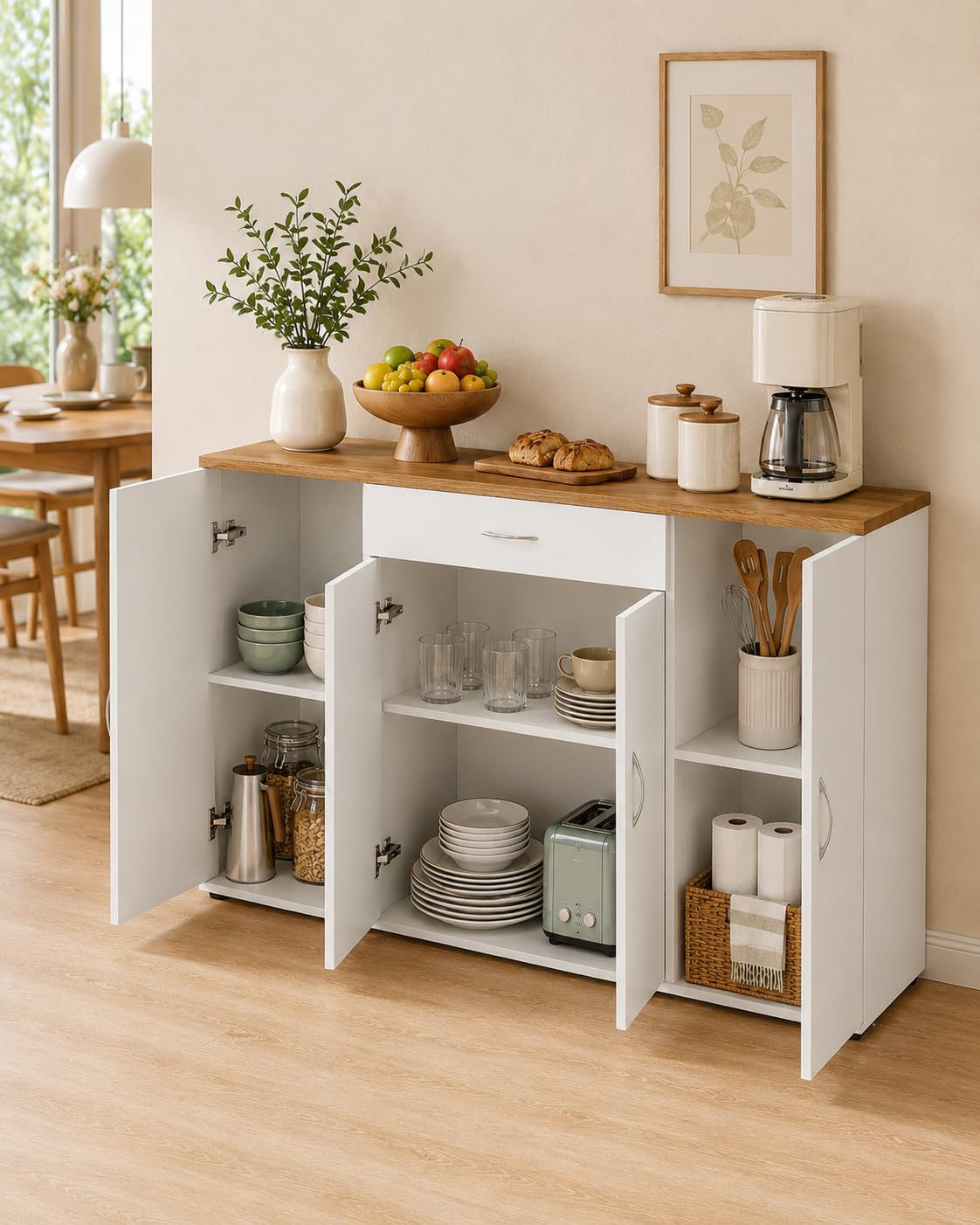 Credenza Sala da Pranzo Bianca con 4 Ante e 1 Cassetto 110×30×70cm | Credenza con 4 ante e 1 cassetto, spazio pratico per organizzare stoviglie, posate e accessori nella sala da pranzo