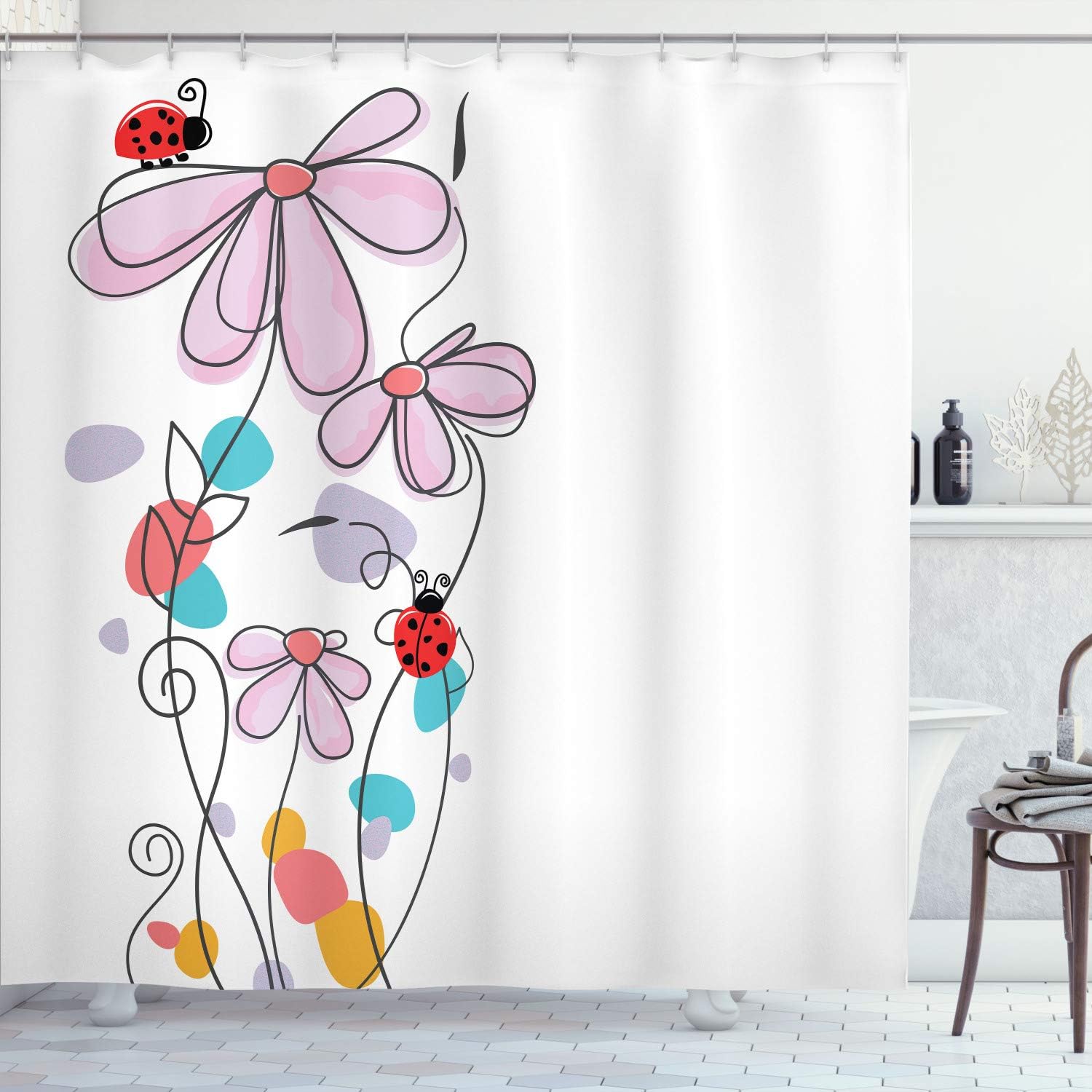 Ambesonne Spring Shower Curtain, Flowers Oval Dome-Shaped Ladybugs Illustration Never Ending Love Story Luck, Cloth Fabric Bathroom Decor Set with Hooks, 70" Long, Pale Blue