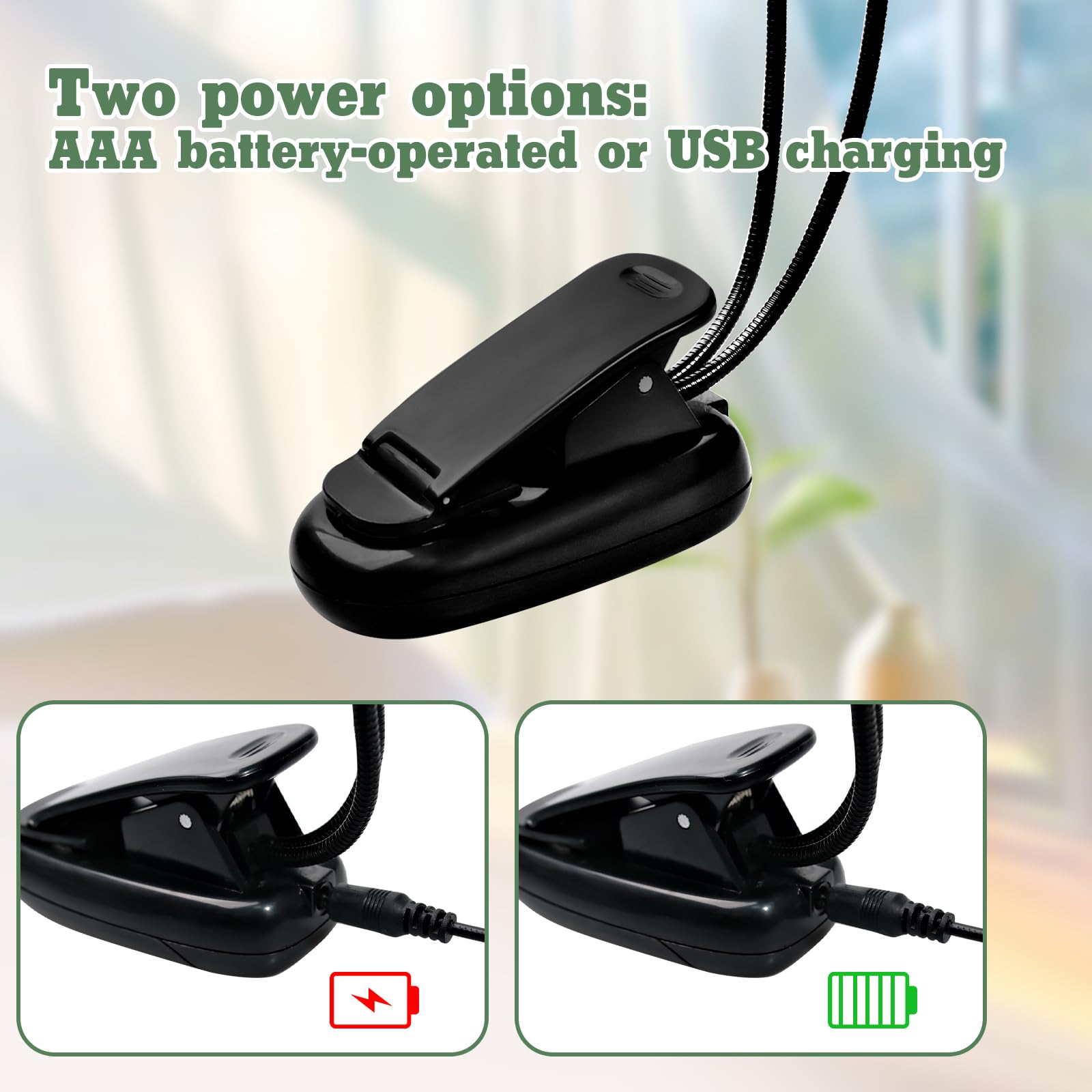 Lot de 12 lampes de lecture LED avec clip à double bras - Lampe USB et piles AAA - 4 niveaux de luminosité - Lampe de lecture pour les vers de bibliothèque, les joueurs de piano