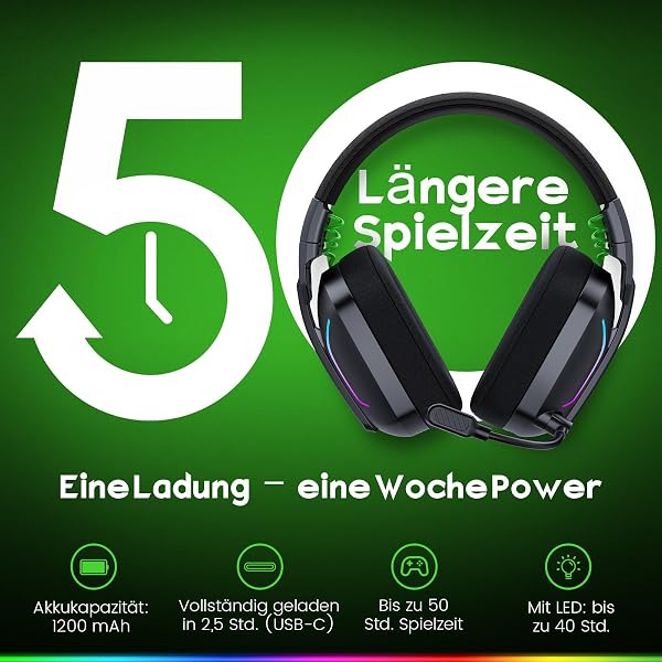 WESEARY WG1 Bluetooth Headset, 2,4G Wireless Gaming Headset mit Mikrofon für PS5, PS4, PC, Switch, Mac, Faltbarer Surround Sound Noise Cancelling Kopfhörer mit LED Licht, Über 50 Stunden Akkulaufzeit - 4