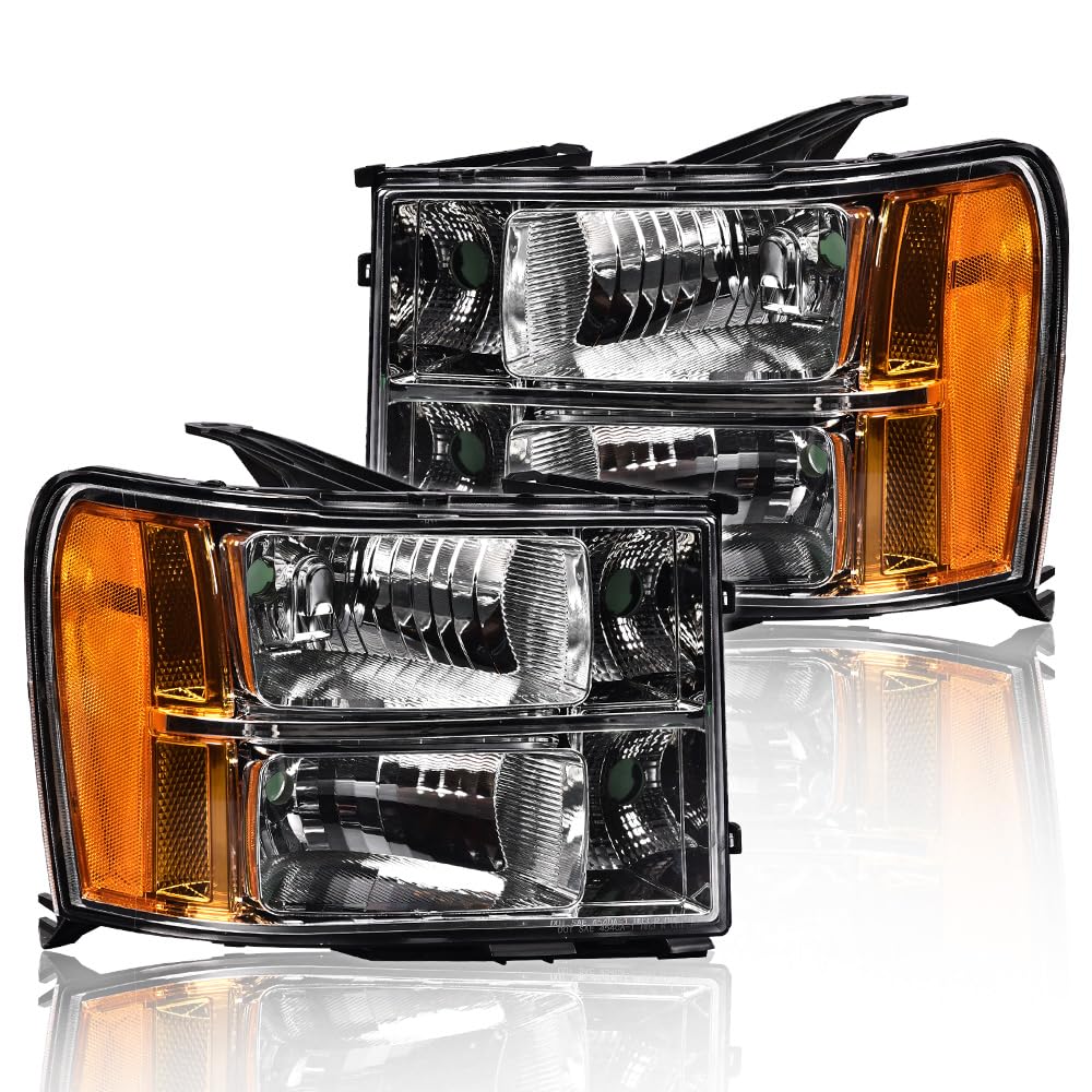 LQI Headlights Assembly Compatible with GMC Sierra 1500 2007-2013/Fit for GMC Sierra 2500HD 3500HD 2007-2014 Headlamps Clear lens Chrome Housing Amber