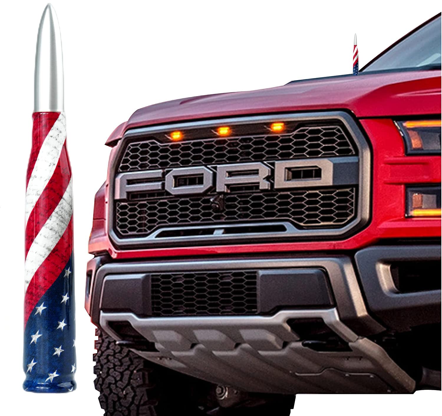 Car Truck 50 Cal Bullet Antenna American Flag Design Compatible with Ford F150 F250 F350, Dodge RAM 1500, Chevy Silverado,GMC sierra, Jeep Wrangler/Gladiator, Toyota Tundra/Tacoma.1990-Current.