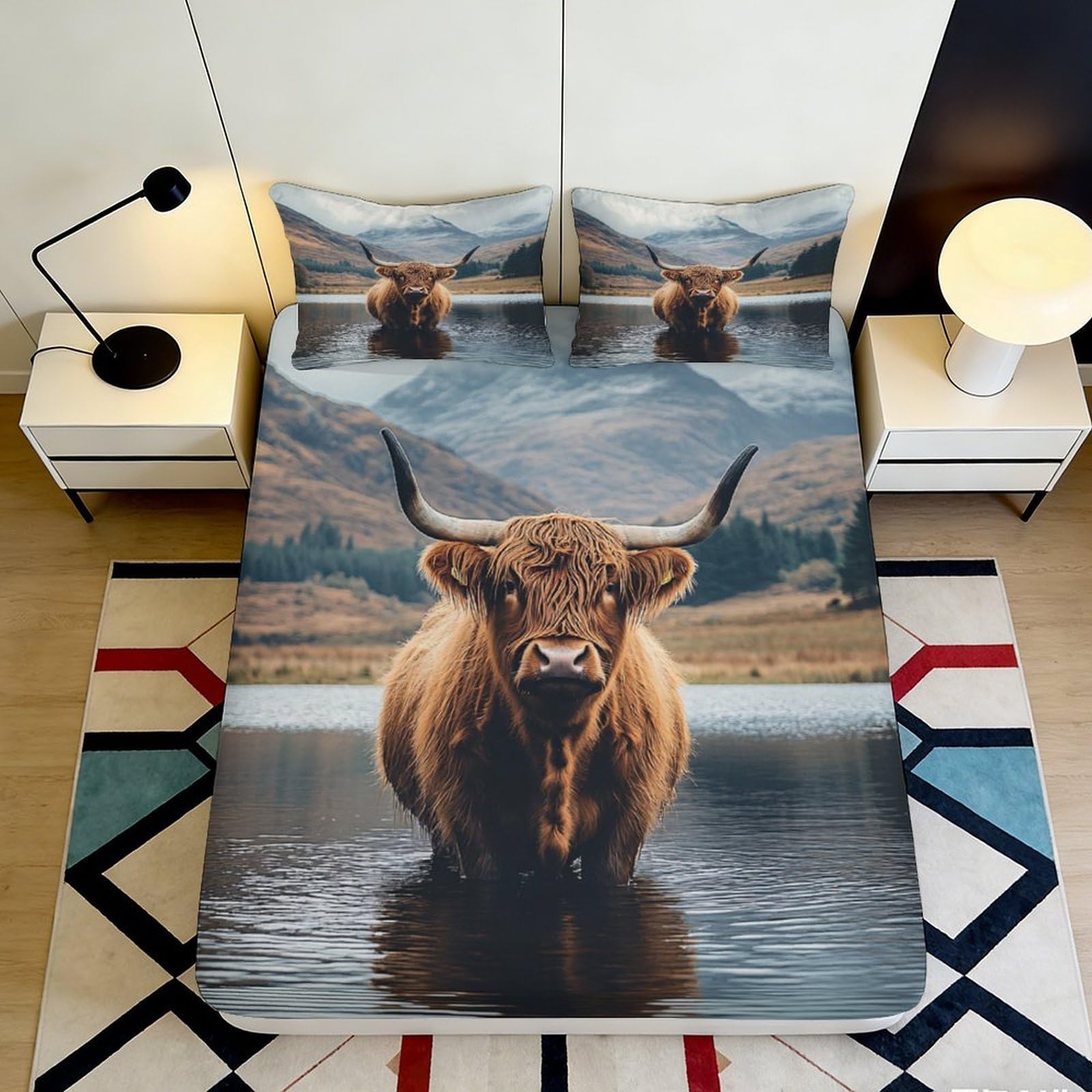Uxinyoume Style-8 3D Printed Highland Cow Fitted Sheet Microfiber Nature Landscape Mattress Cover Anti-Slip Machine Washable Bedroom Decor 90X200x25cm