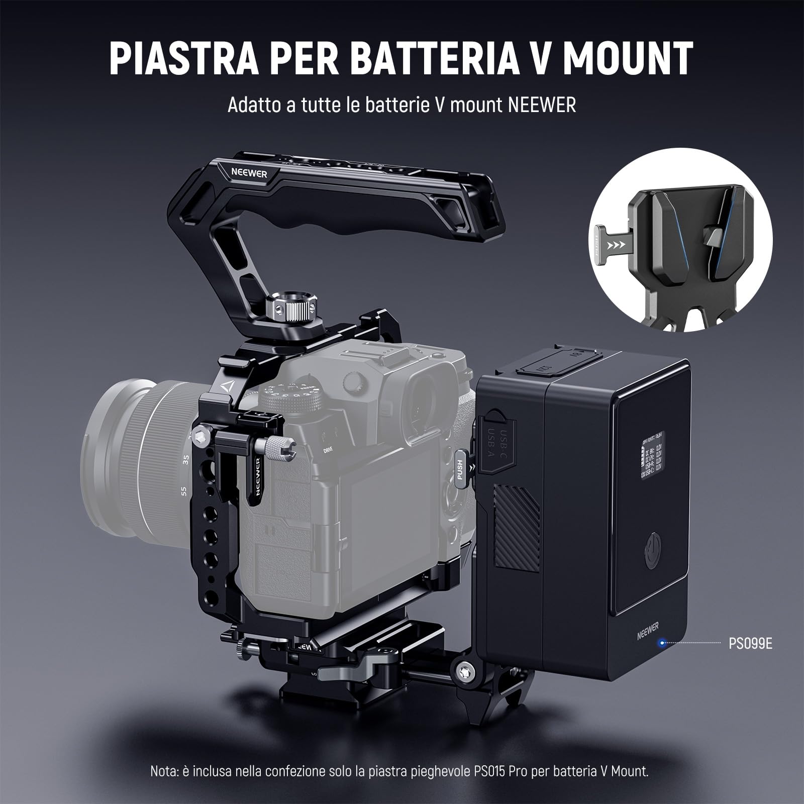 NEEWER PS015 PRO V Mount Battery Plate con Piastra a Sgancio Rapido Tipo Arca e Panno Pulizia, Adattatore V Lock Pieghevole per NEEWER PS099E Compatibile con DJI RS4 RS3 Gimbal Camera Cage Video Rig