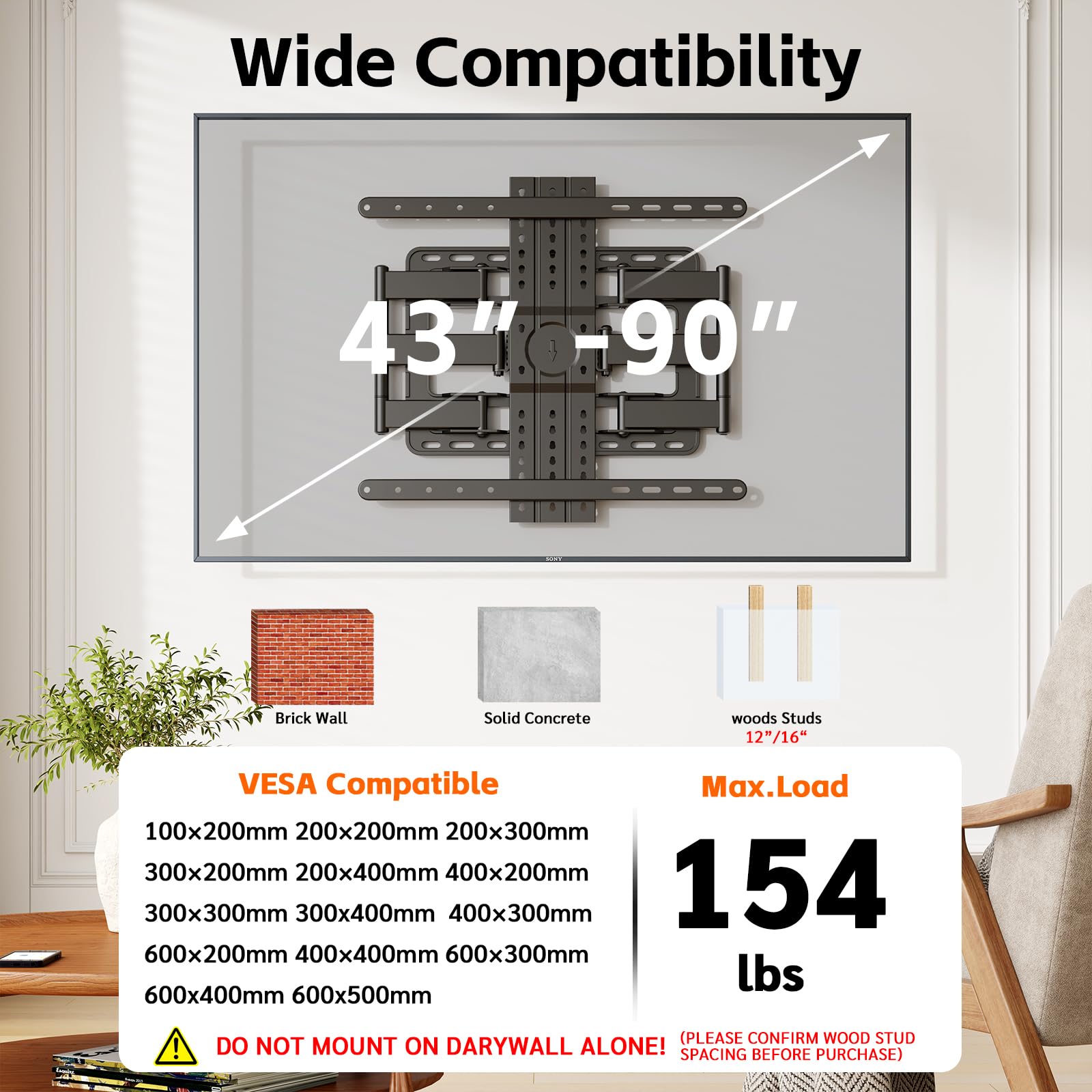 Supporto da parete ultra sottile per TV da 1,2" per televisori da 43-90 pollici, inclinazione +3/-15°, staffa sottile a basso profilo, doppio braccio articolato girevole con inclinazione, adatto a