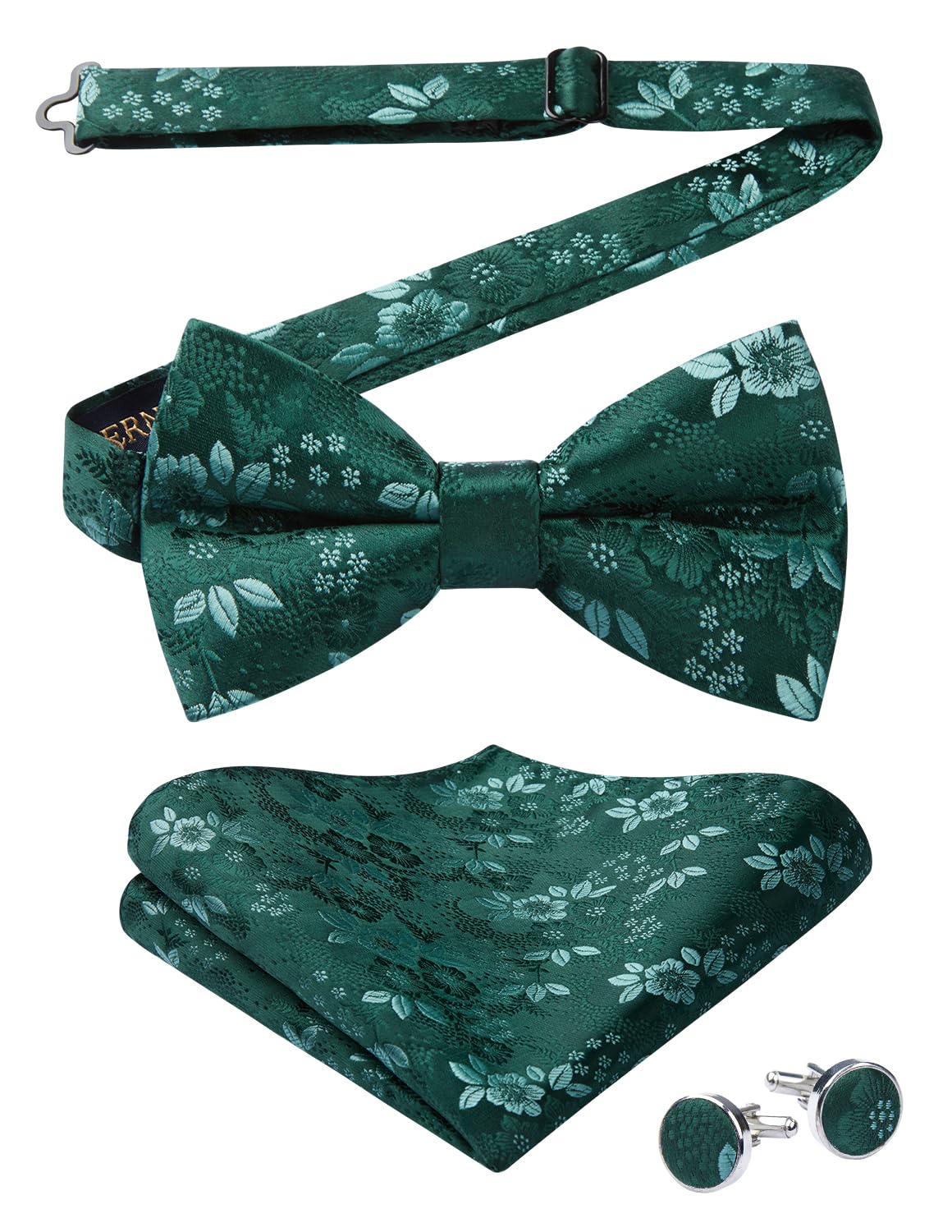 HISDERN Fliege Einstecktuch Set Herren Blumen Fliegen und Taschentuch mit Manschettenknöpfe Bereits Gfebunden Schleife für Hochzeit Sfeier Weihnachten Halloween,Grün