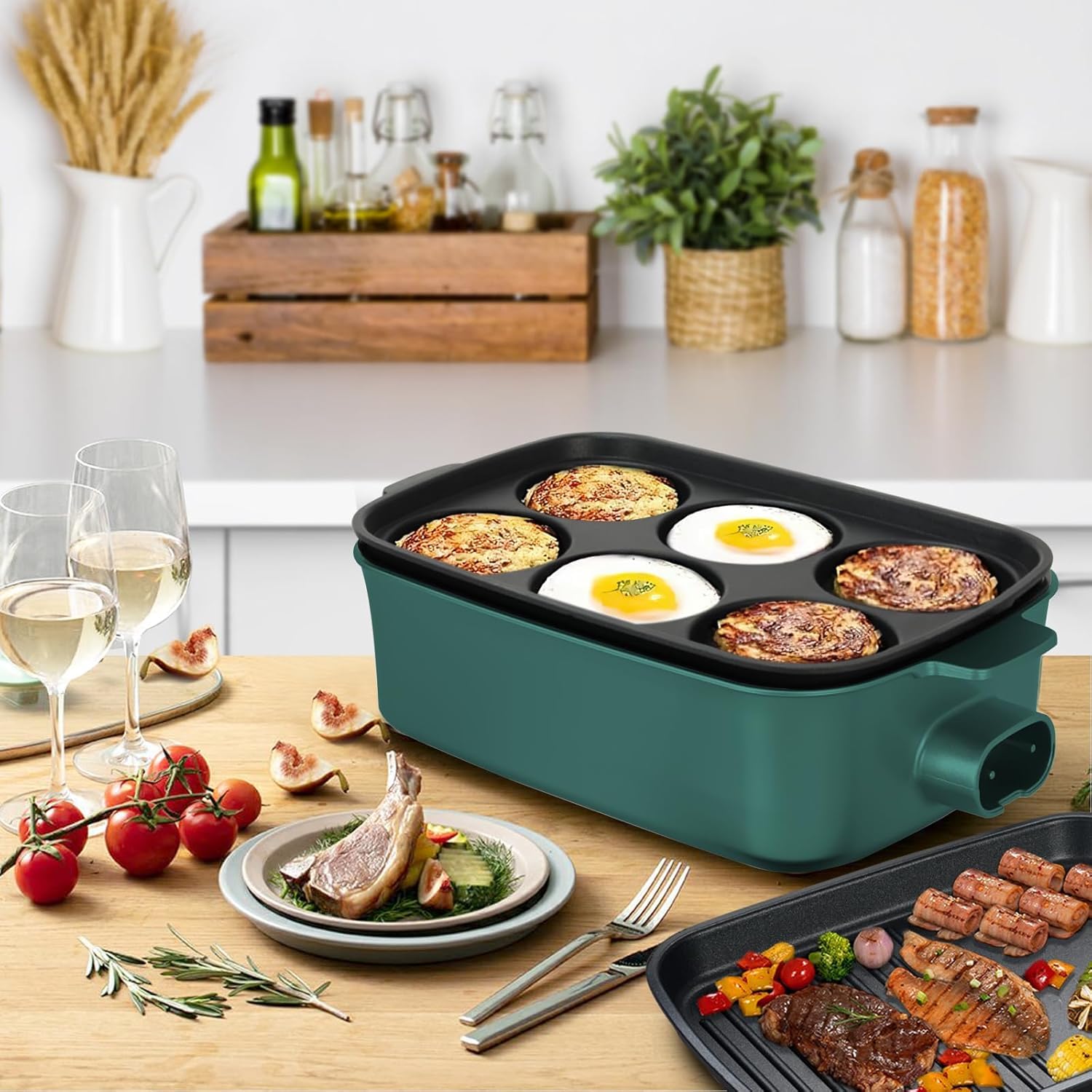 AEWHALE 3 en 1 Sartén Multifuncional Grill Eléctrico,Sartén eléctrica con tapa de cristal 1500W Revestimiento Antiadherente,Superficie Extraíble y asas de tacto frío Sartén eléctrica para Panqueques