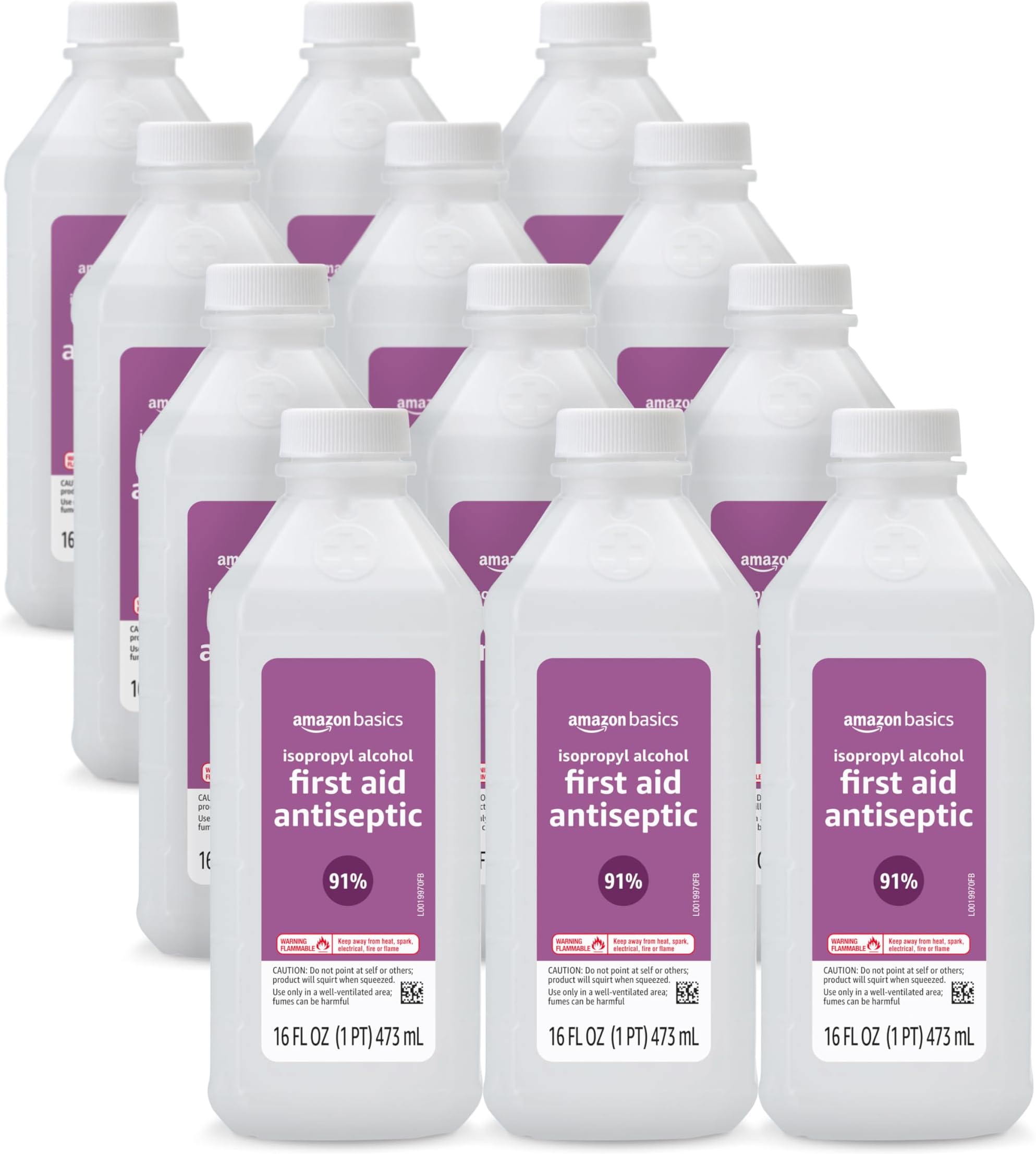 Amazon Basics 91% Isopropyl Alcohol First Aid Antiseptic for Minor Cuts, Scrapes and Infection Protection, Unscented, 16 fl oz, 12-Pack