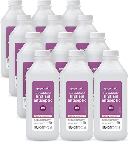 Amazon Basics 91% Isopropyl Alcohol First Aid Antiseptic for Minor Cuts, Scrapes and Infection Protection, Unscented, 16 fl oz, 12-Pack