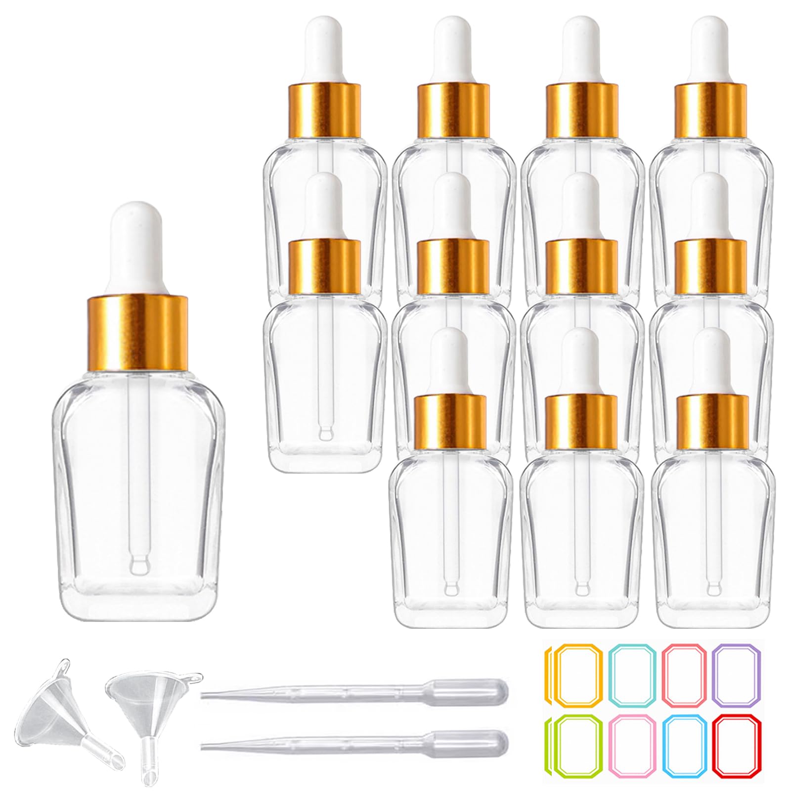 12pc 1oz Square Dropper Bottles: 30ml Clear Glass with Eye Droppers, Travel Bottles for Essential Oils, Perfume (Gold Cap)