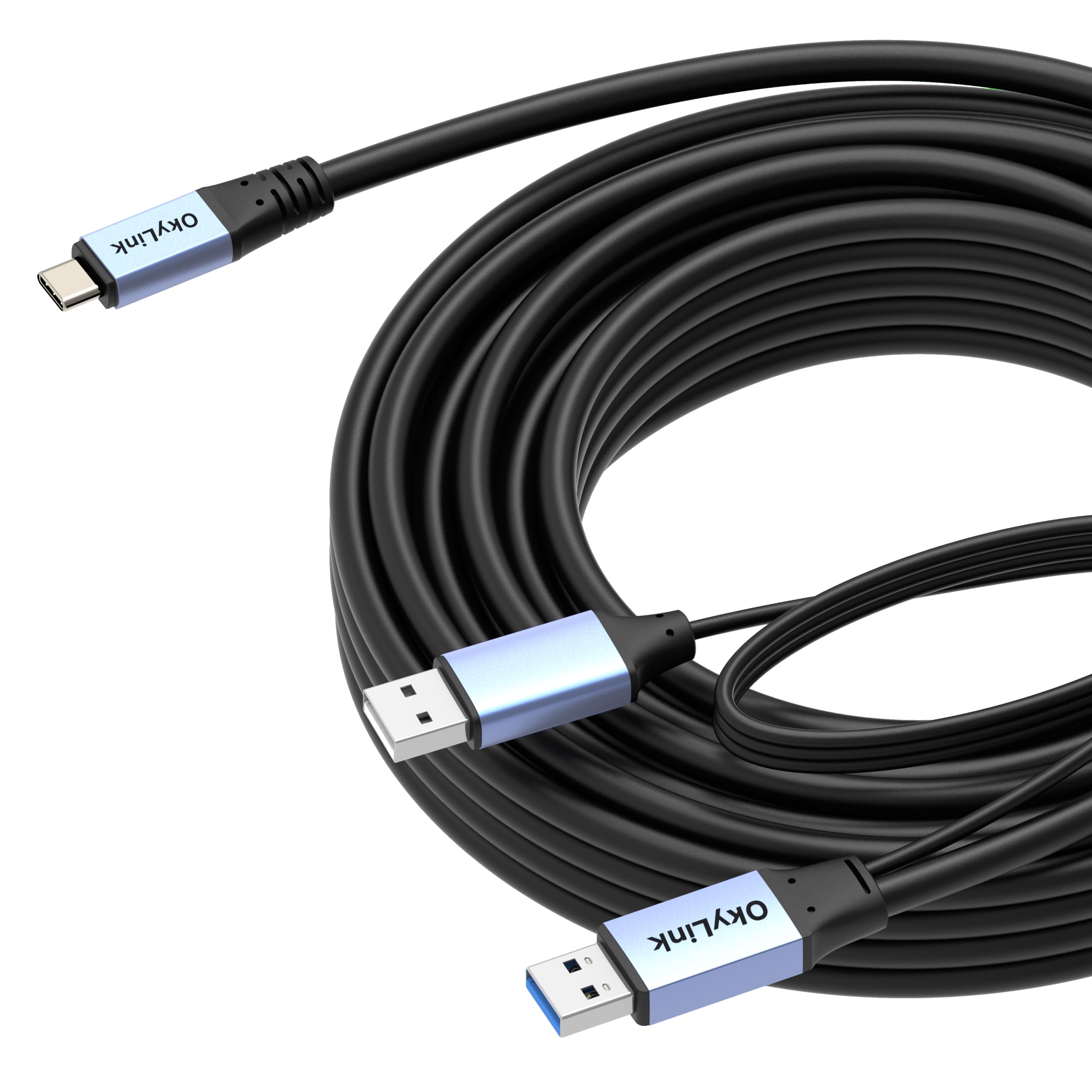 OkyLink Cable USB 3.2 Gen1 A a USB C – Transferencia de datos de alcance ultra largo de 5 Gbps, chip amplificador integrado y cable de alimentación, perfecto para equipos industriales, VR e impresoras