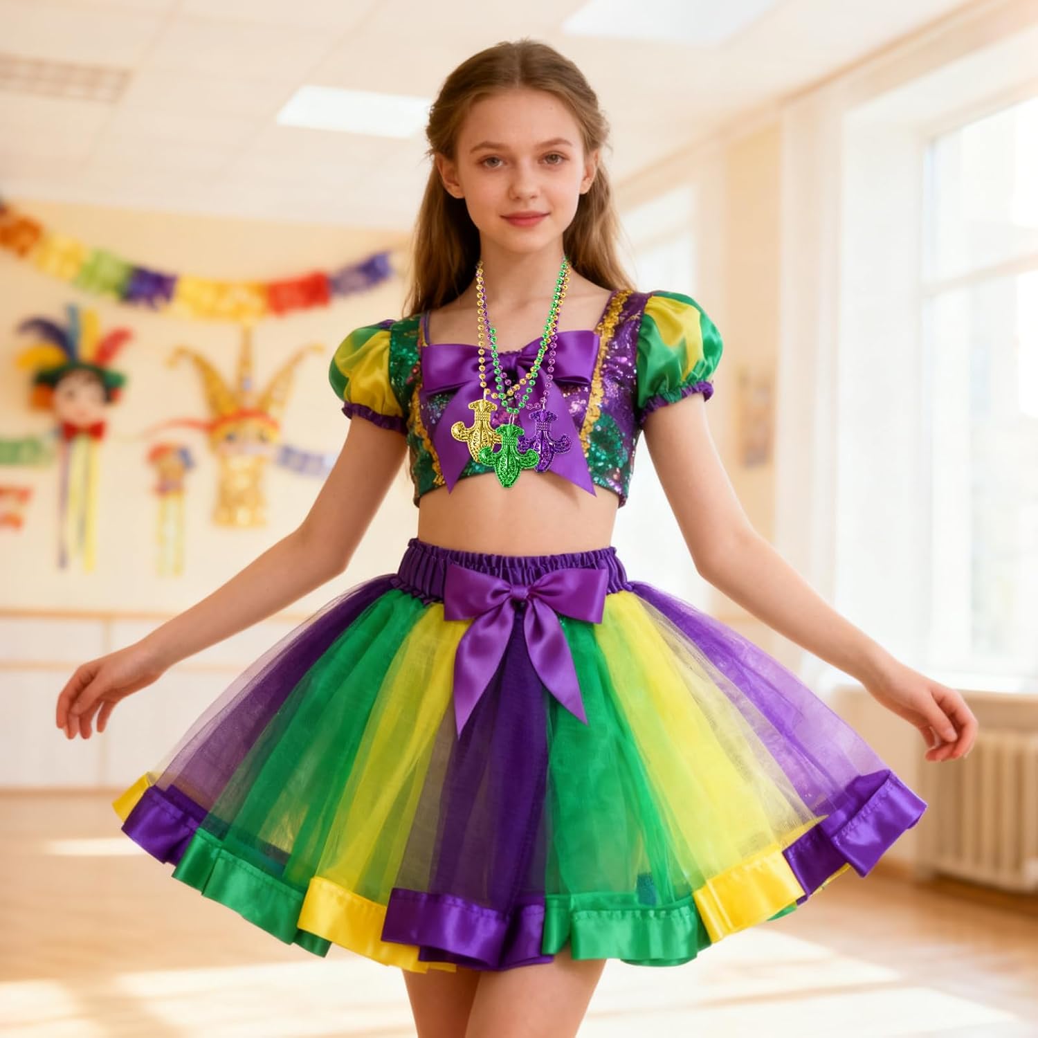 Heliltd 4pcs Mardi Gras Accessories include Tutus Skirt and Pendant Bead Necklaces Mardi Gras Dress for Women Costume Party - Image 3