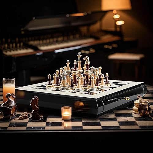 Miniatura 8 de AMEROUS Juego de ajedrez de madera de 16 pulgadas, tablero de gran tamaño con 2 cajones de almacenamiento integrados, 2 reinas adicionales, piezas