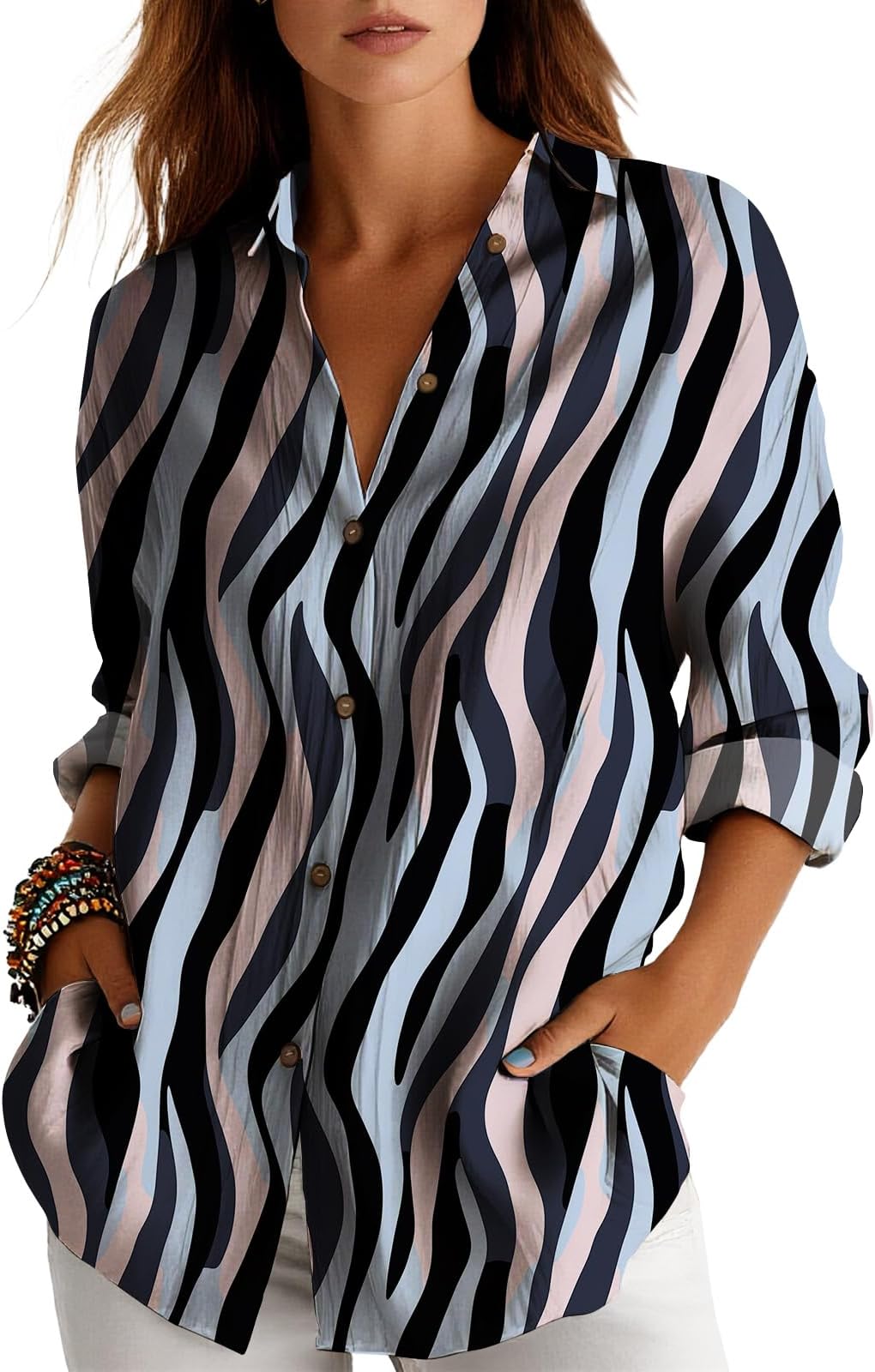 Women's Long Sleeve Button Down Shirt Abstract Print Collared Blouse Loose Fit Cotton Blend Casual Top