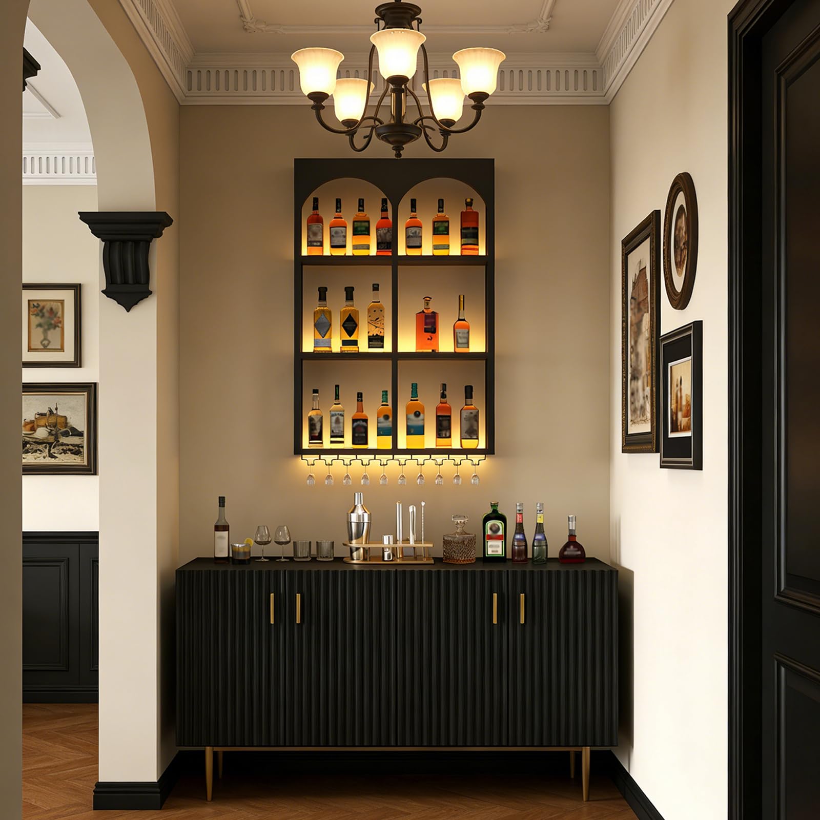 6 celle design ad arco francese Portabottiglie da parete (nero, 80cm)
