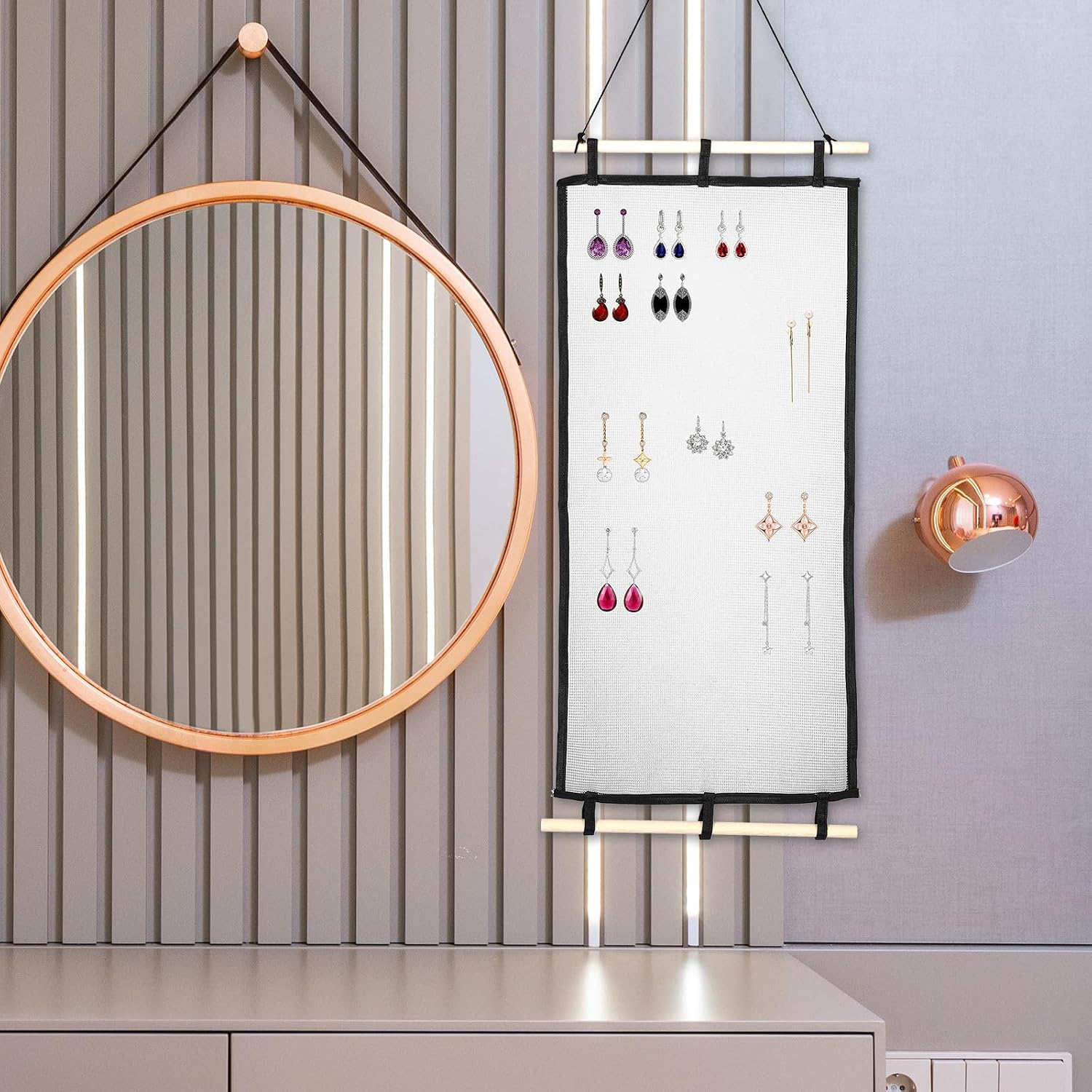 Wall Hanging Earring Organizer Display Rack for Necklaces, White Wood image 5