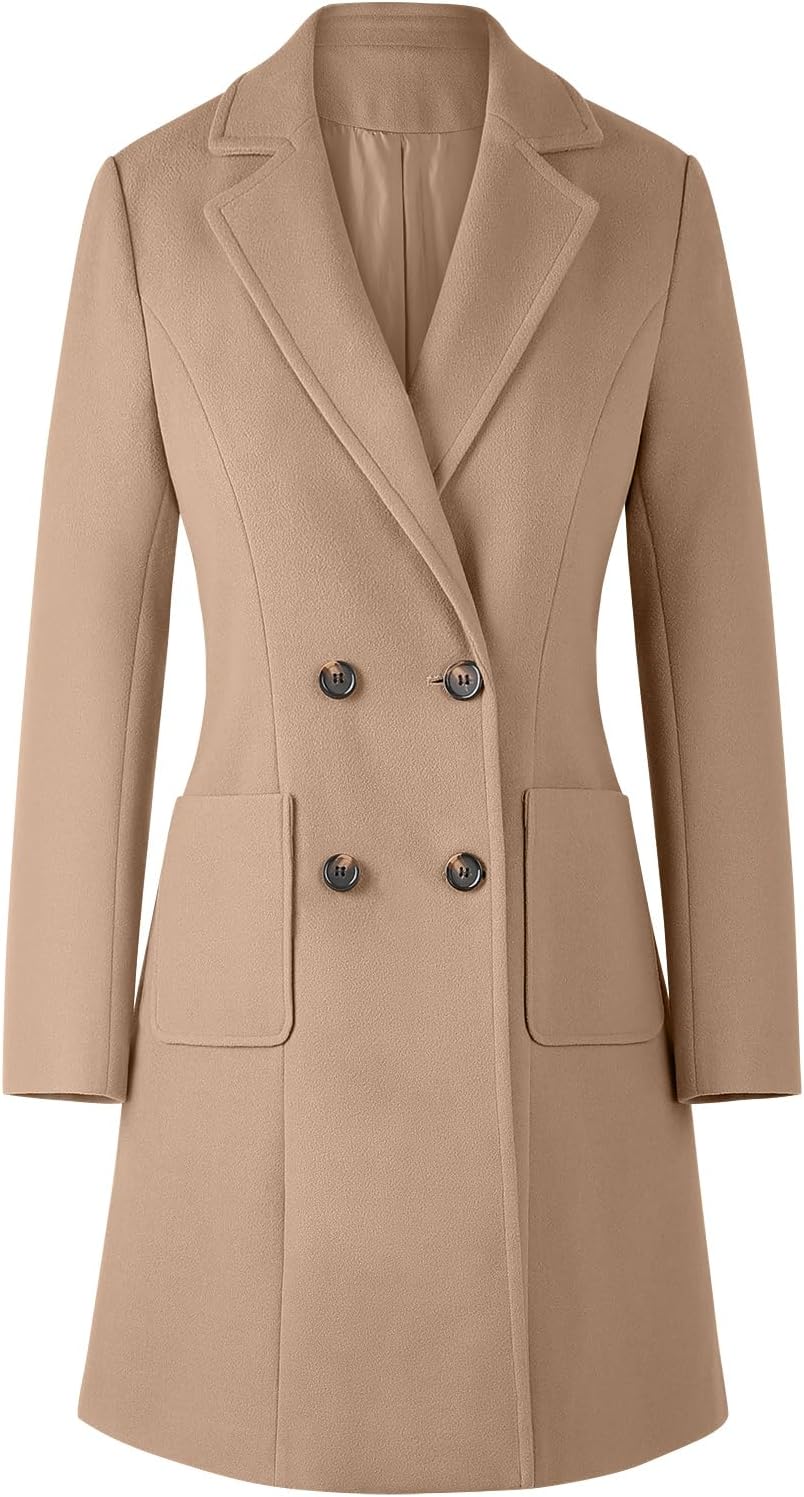 CHICZONE Women's Notch Lapel Double Breasted Mid Long Pea Coat Wool Blend Overcoat Winter Outwear - Image 4