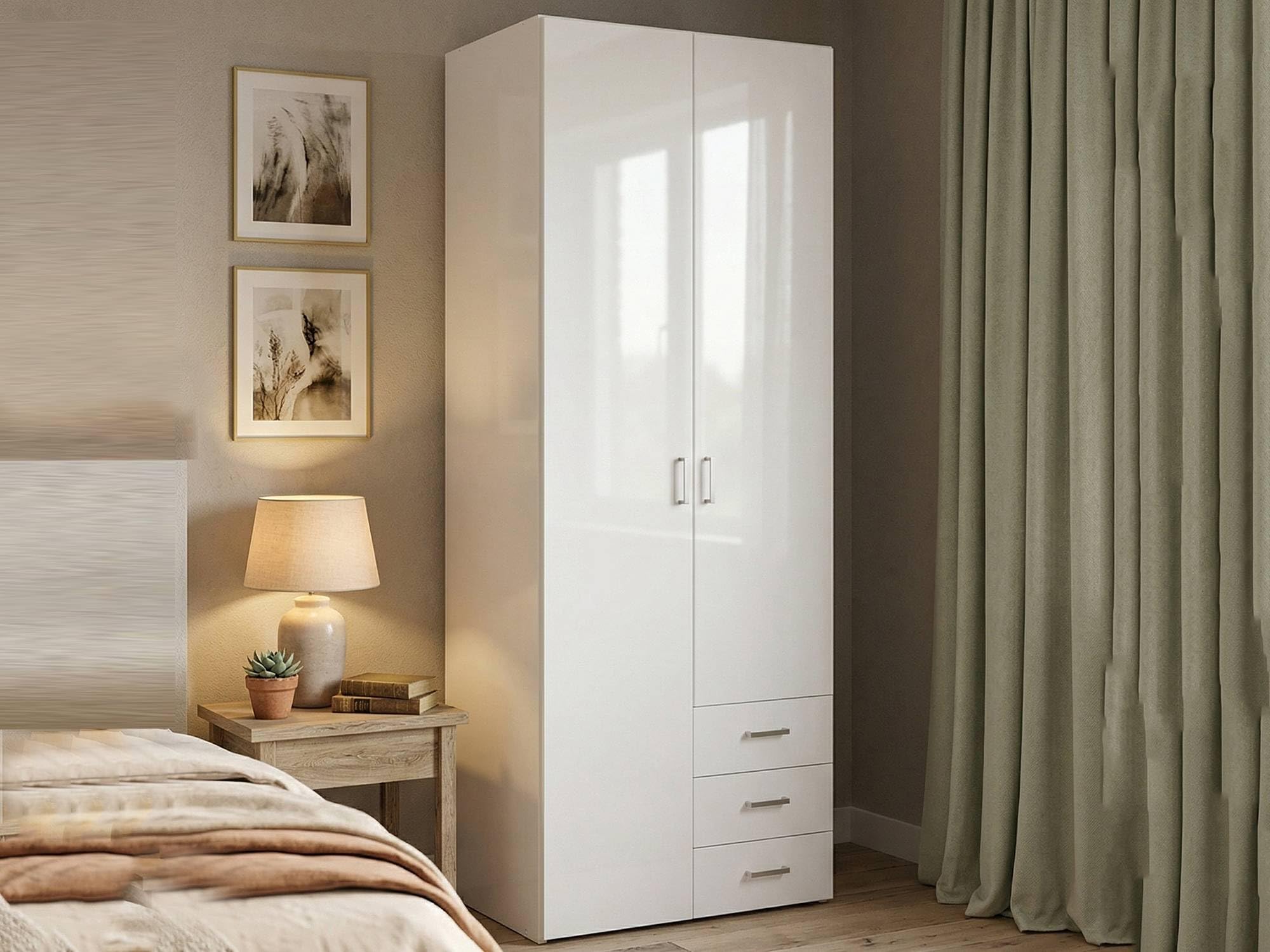 Dmora Guardaroba 2 Ante 49.5x200.4h cm Bianco Bianco Lucido Appendiabiti 2 Ante, Armadio Camera da Letto 6 Vani
