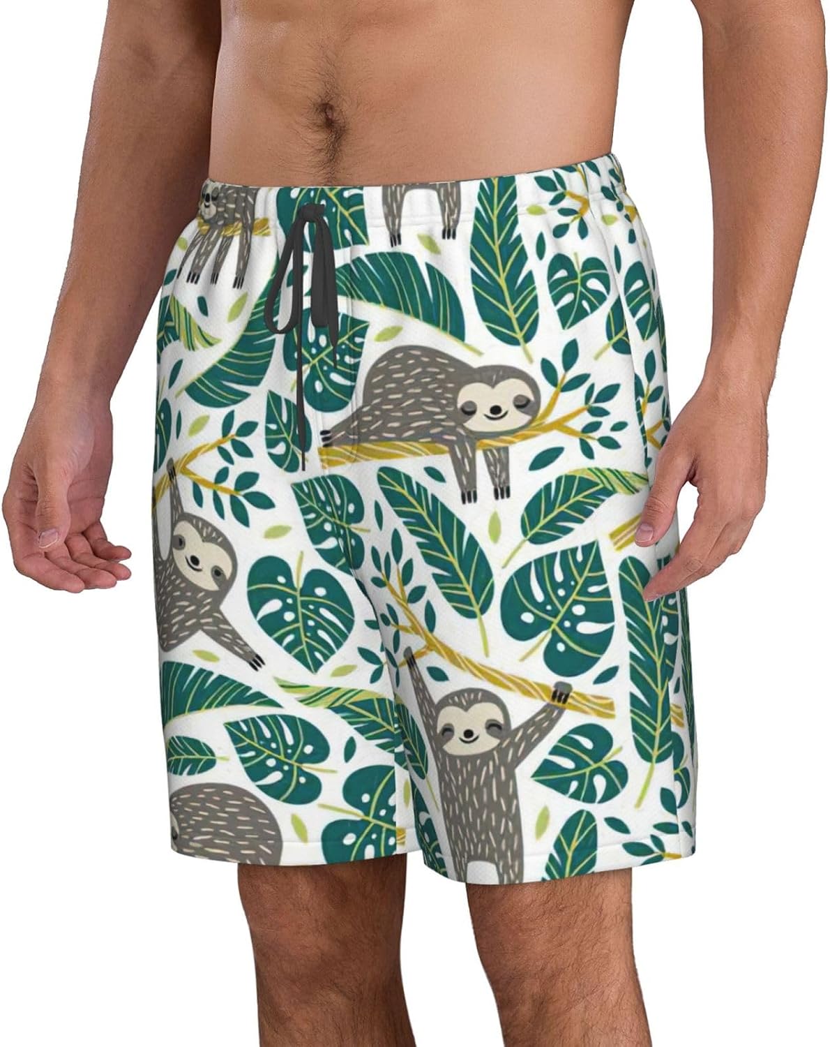 WURTON Adorable Sloth Print Men's Swim Trunks Quick Dry Beach Shorts with Pockets Lining Swimwear Bathing Shorts