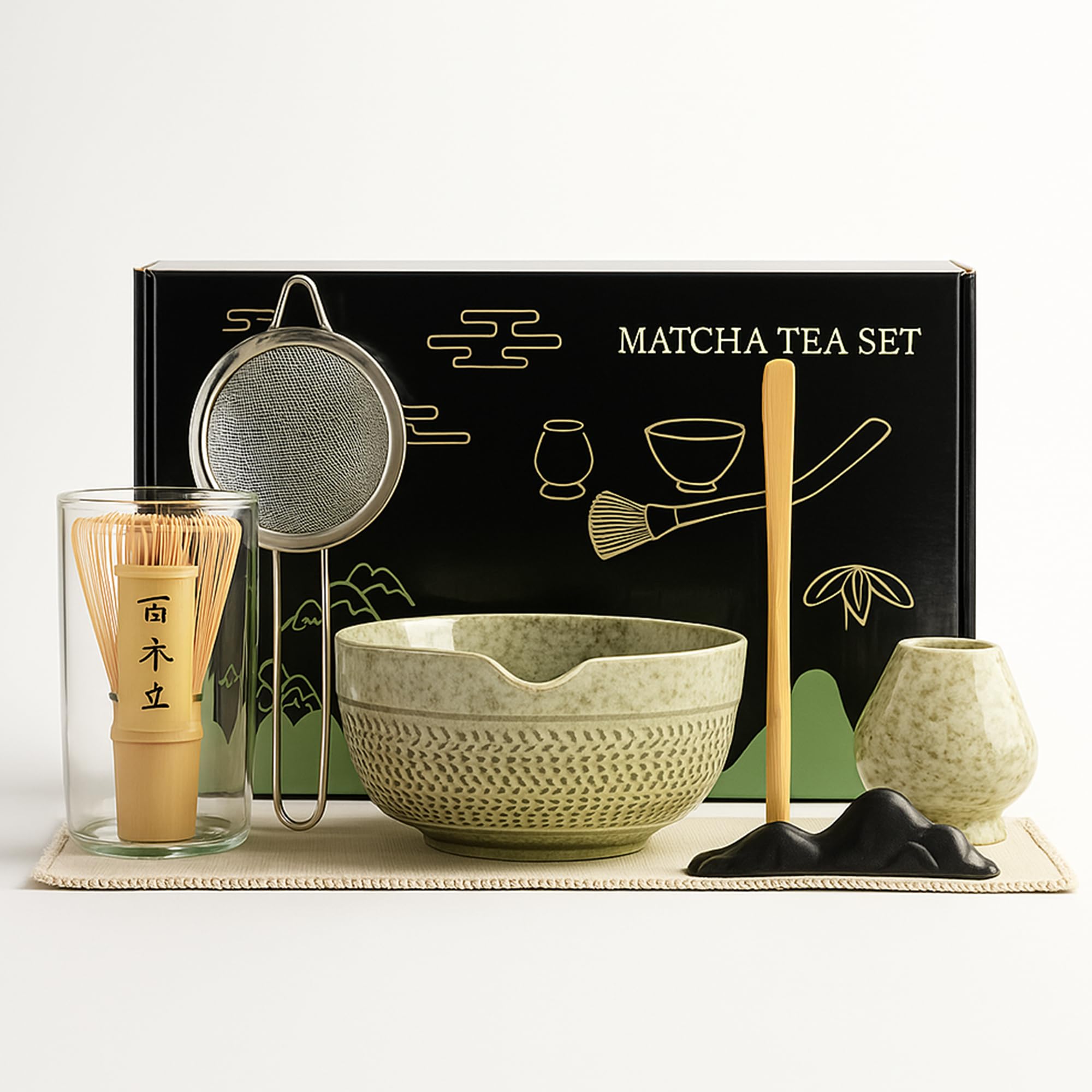 Matcha Set 7-teilig – Premium Tee Set mit Keramik Matcha Schale, Bambus Schneebesen (Chasen), Sieb & Löffel – Japanisches Matcha Zubehör Geschenkset (Green)