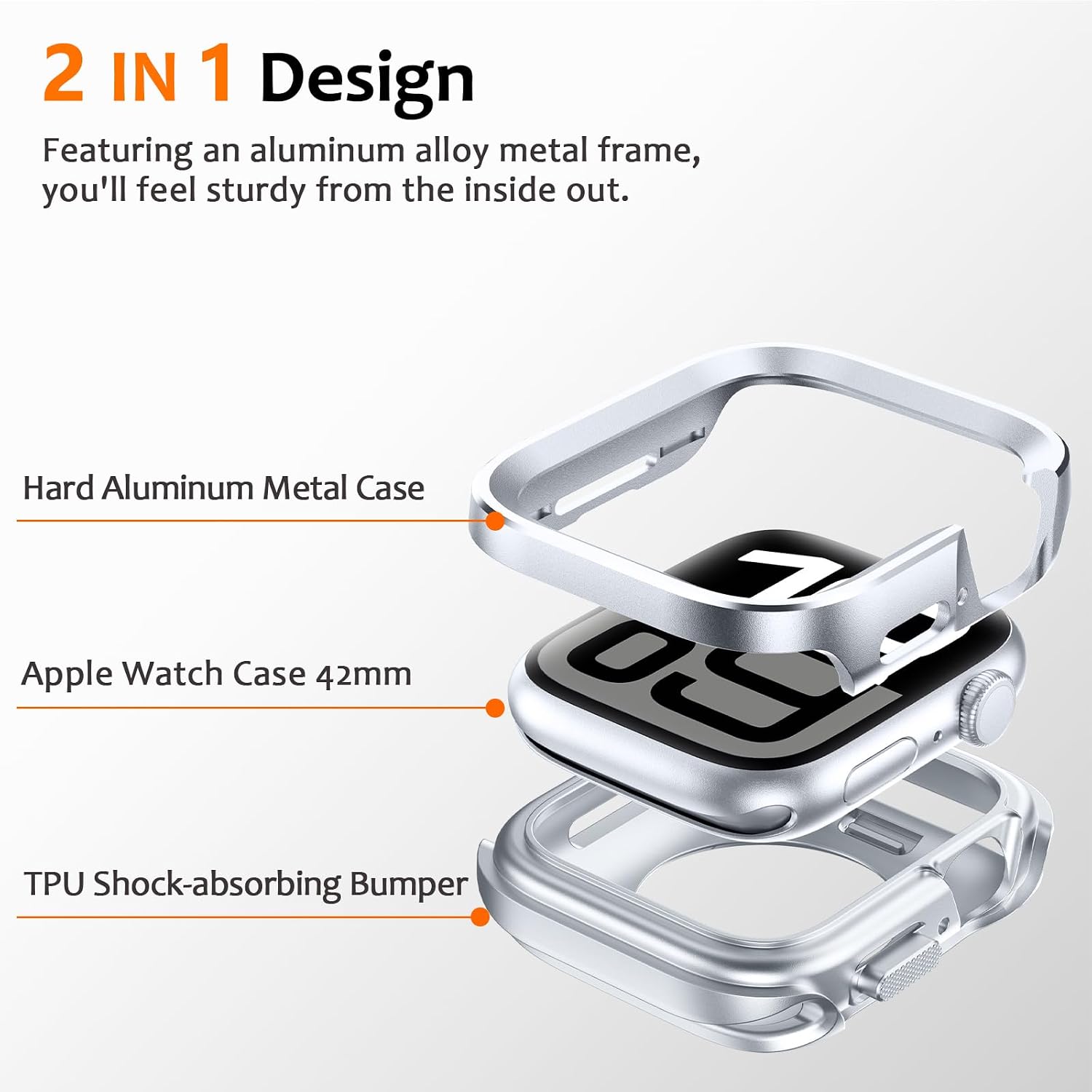  2 in 1 Metal Rugged Case Compatible with Apple Watch Series 11/10 42mm, Aluminum Shockproof Protective Bumper Cover for iWatch 42mm, Silver thumbnail