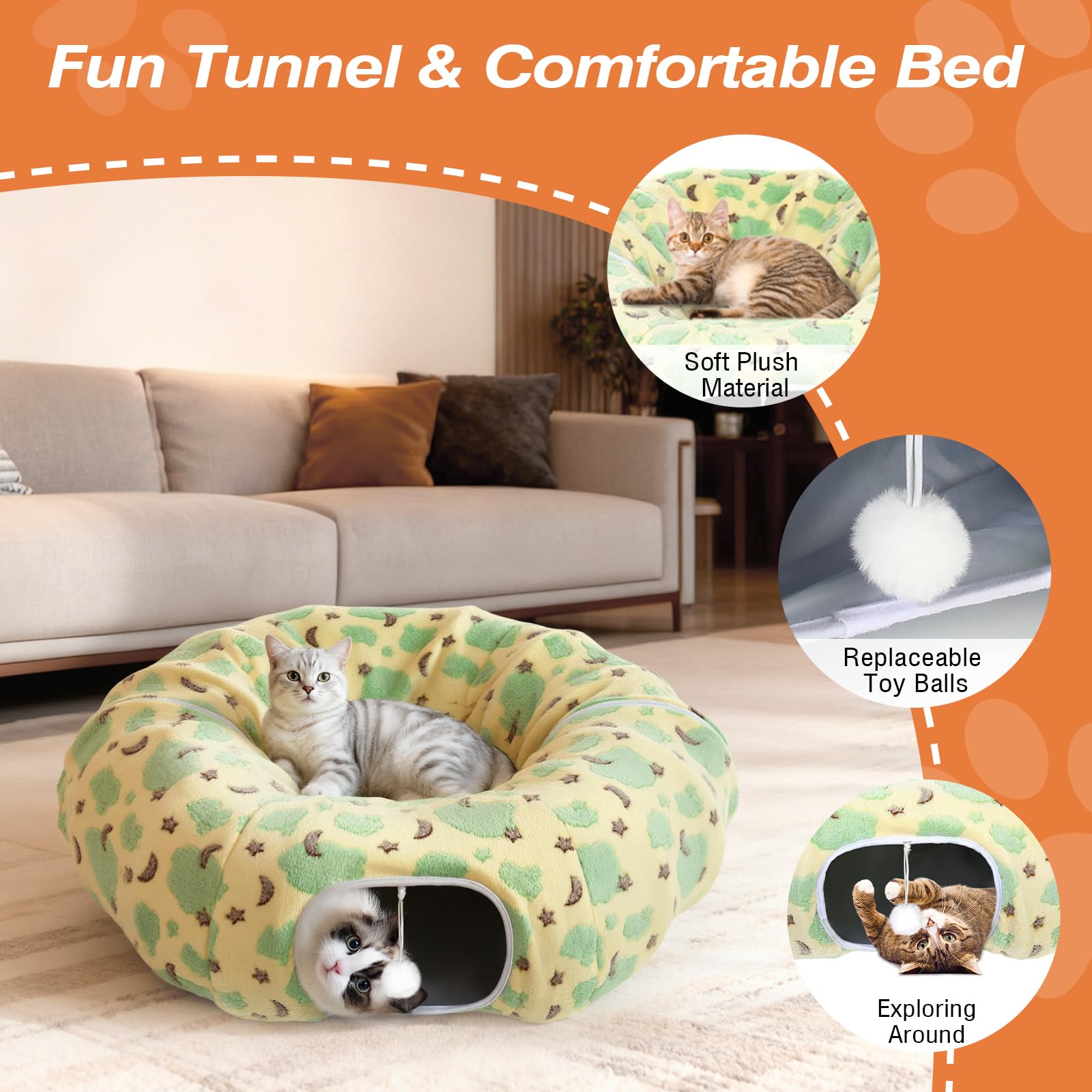 Tivray Tunnel per Gatti sotto L'albero di Natale, Letto-Tunnel in Peluche 90 cm con Palla Giocattolo e Cuscino Circolare, Grotta Interattiva Peekaboo, Regalo di Natale, Giallo & Nuvole