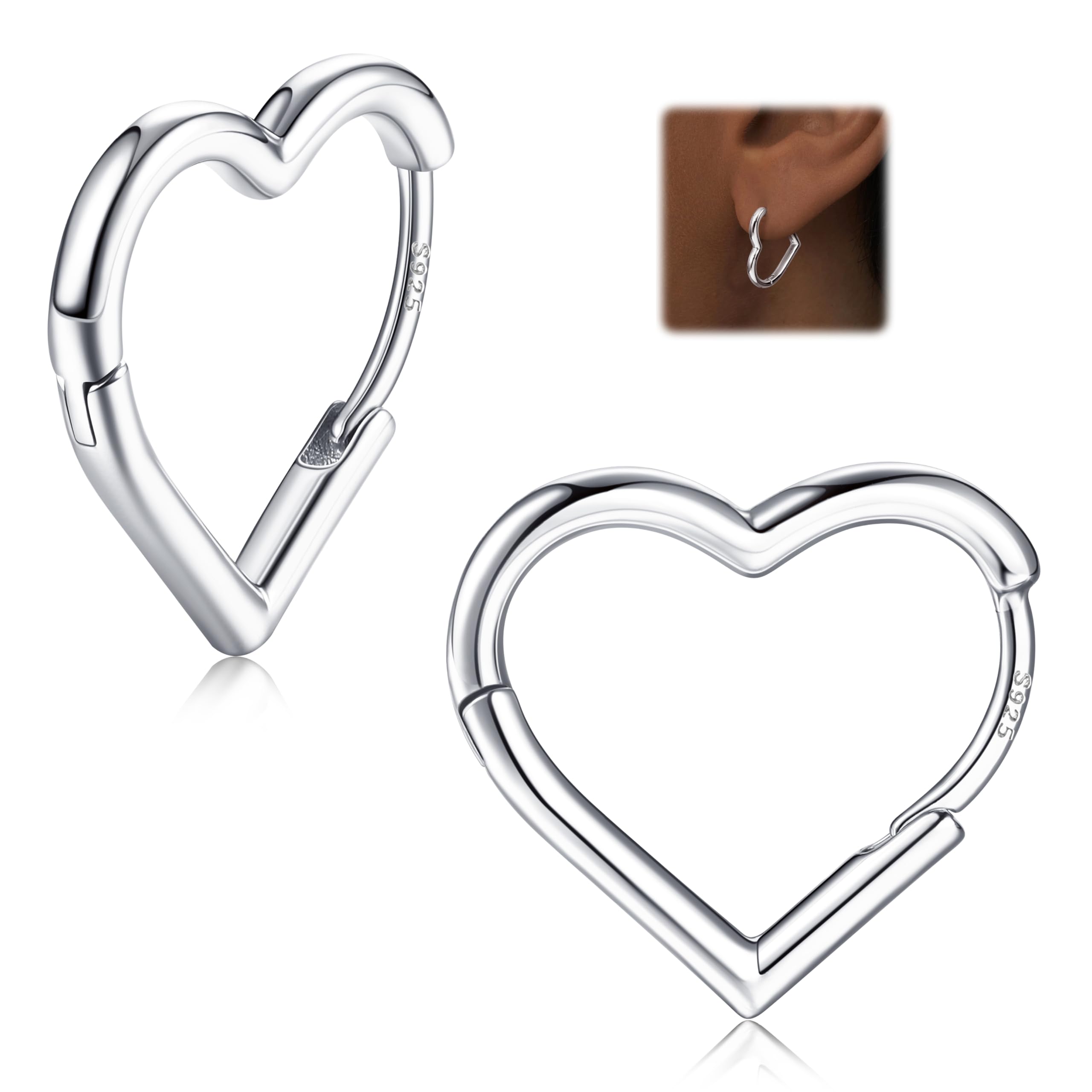 LOLIAS Pendientes Aro Forma Corazón Plata 925 Para Mujeres Niñas Pendientes Pequeños Oro 14K Pendientes Colgantes Aro Forma Corazón Pendientes Colgantes Pendientes Oro Rosa Para Mujer 16 MM