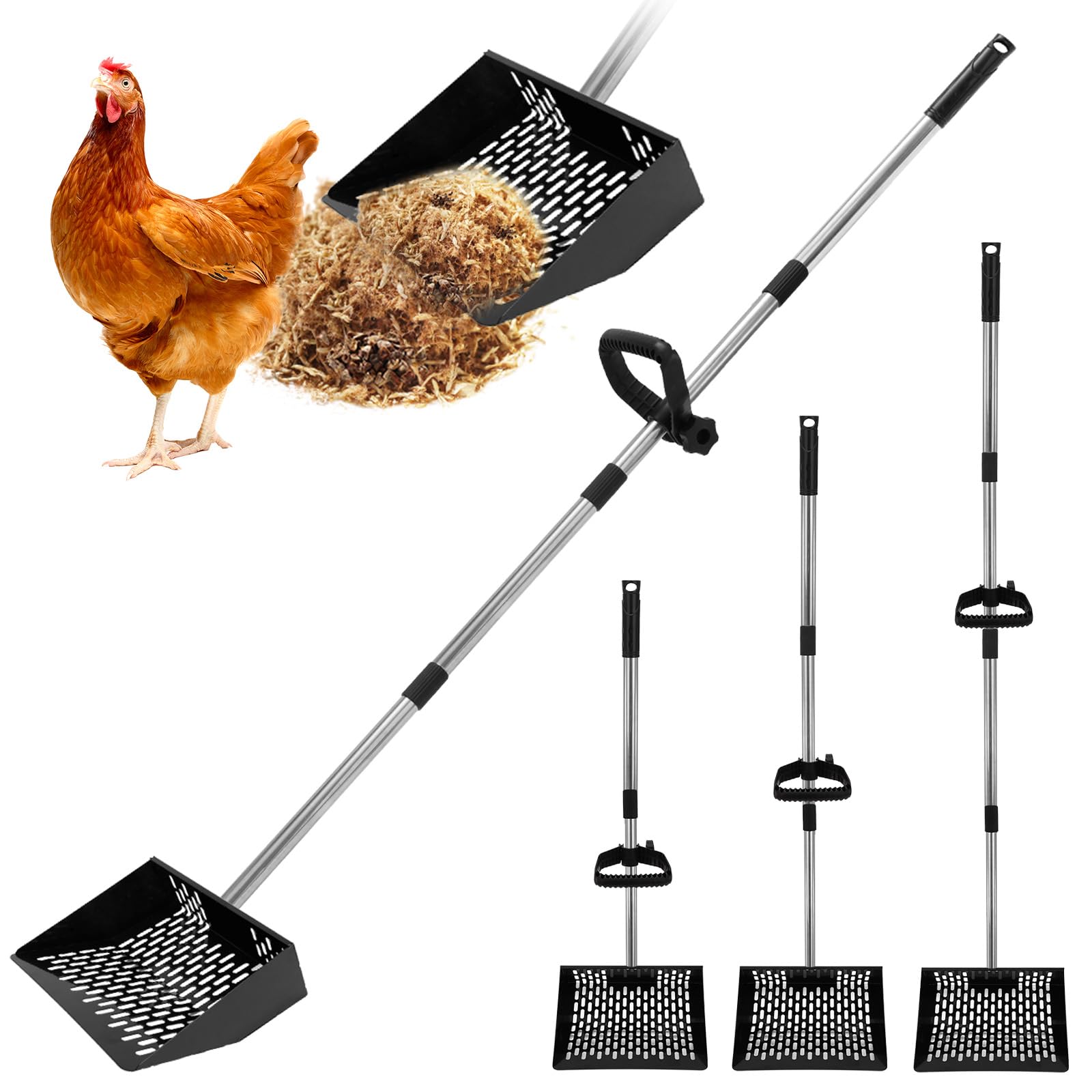 Paletta per escrementi di pollo larga 25,5 cm, Paletta per escrementi di pollo regolabile lunga 155 cm per la pulizia, Strumento per la pulizia del pollaio, Accessorio per pollaio