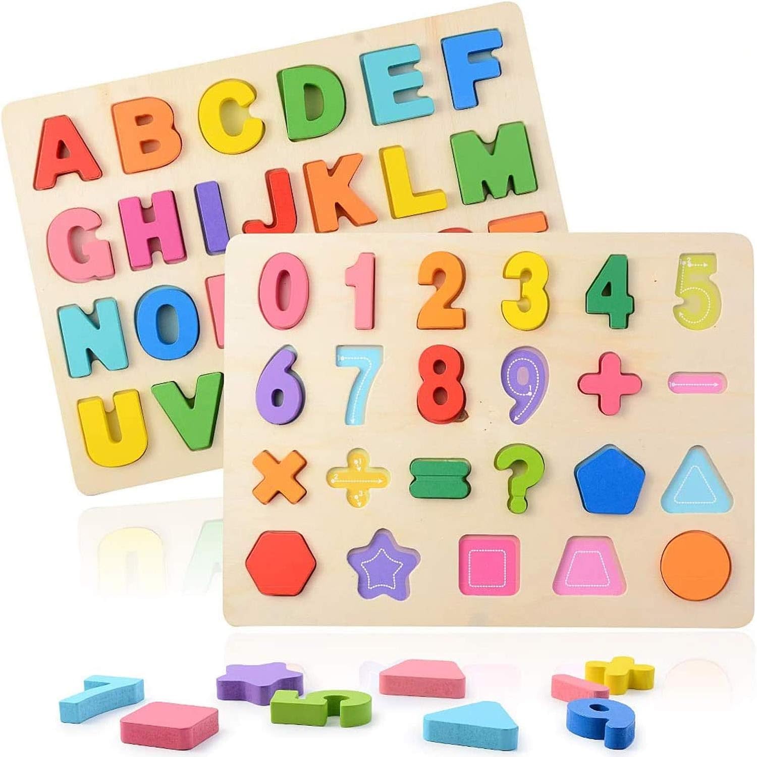 Holz Puzzle Für Kleinkinder – Buchstaben & Zahlen Lernbrett, 20x20 Cm, Mit Wasserbasierter Farbe (2 Stück)