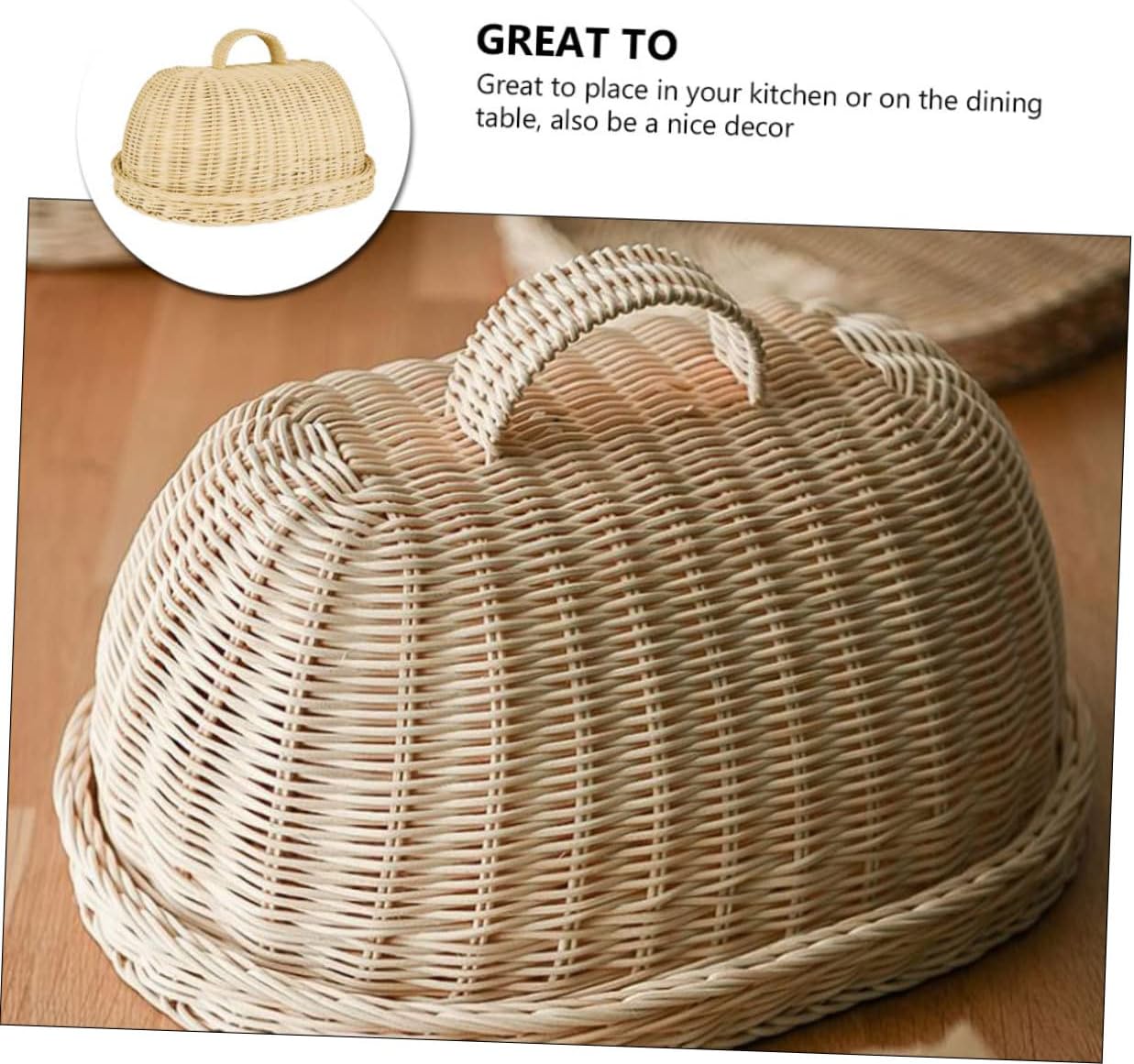Cabilock Khaki Rattan Food Cover with Storage Tray Protective Kitchen Bread and Fruit Cloche Basket for Freshness and Dust Insect Protection Handwoven Food Storage