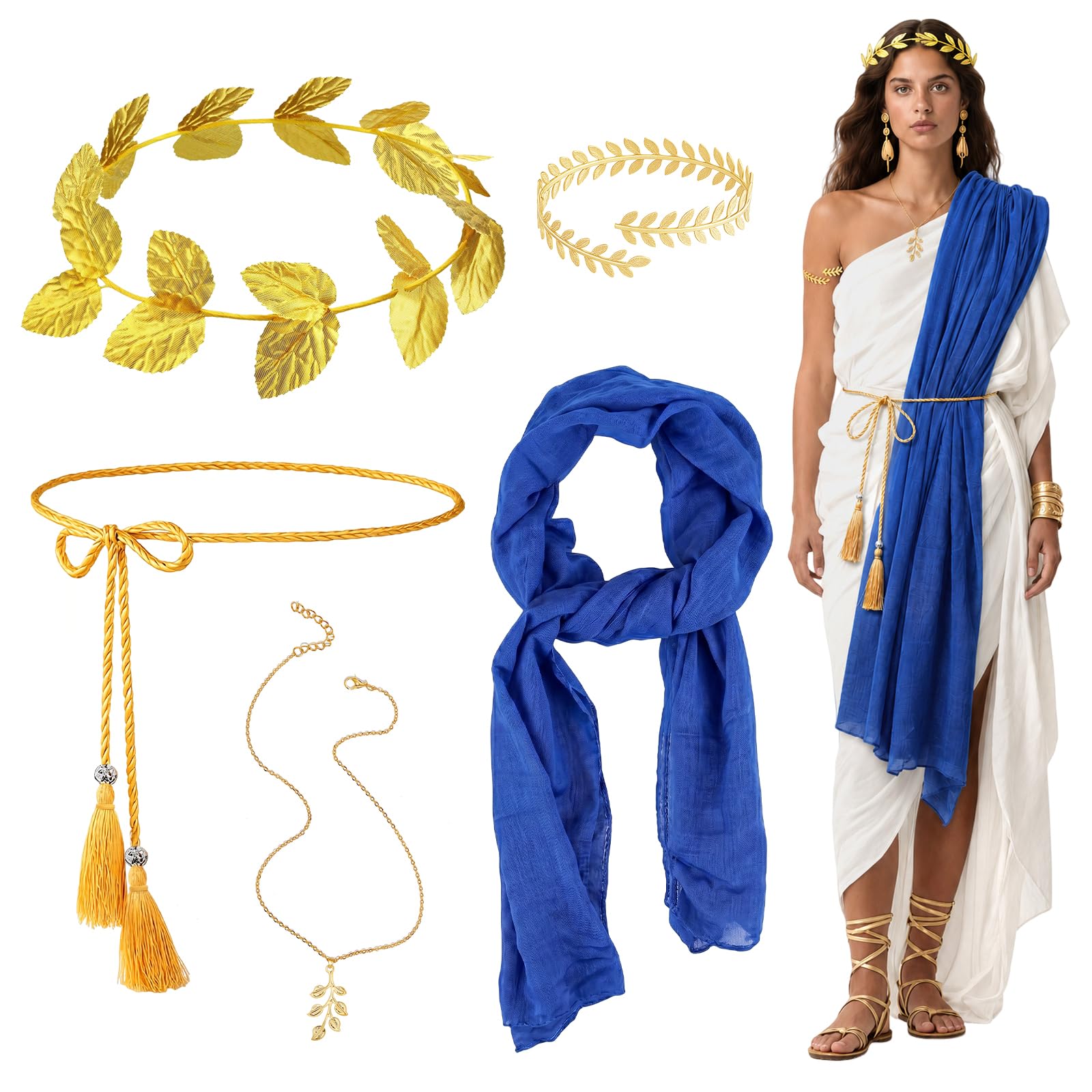 Bryndo 5 Pcs Greek Goddess Costume Accessories Set for Women Girls, Ancient Roman Toga Fancy Dress with Belt Red Sash Golden Leaf Headpiece Bracelet Necklace for Party Bridal Wedding Halloween (Blue)