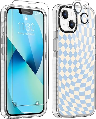 GULTMEE 3 en 1 Funda para iPhone 13 con protector de pantalla y protector de lente de cámara, diseño delgado con estampado de giro azul claro con