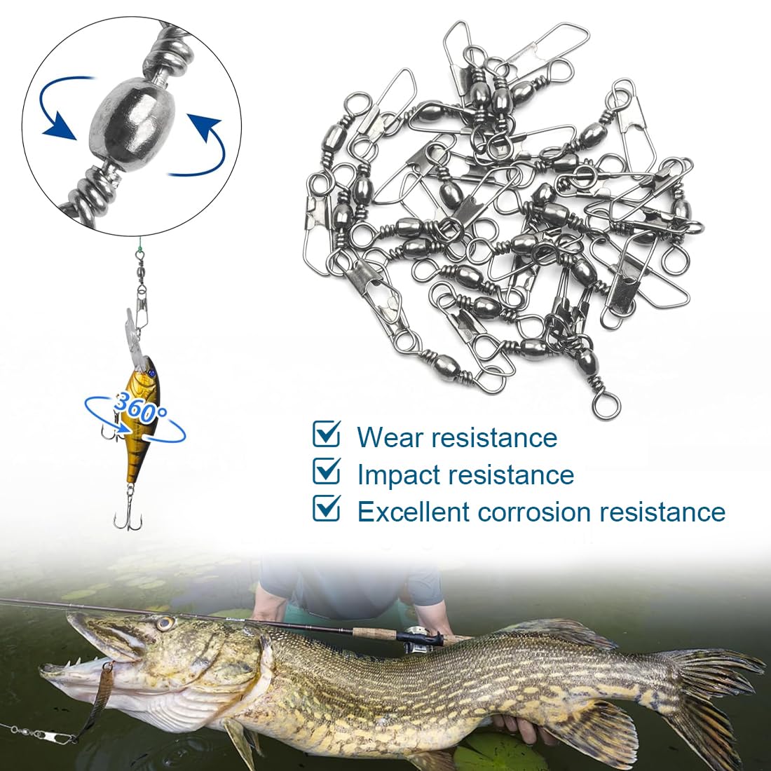 Girelle da pesca trota pesca in acciaio inox con moschettone, 100 Pezzi Anelli Solidi con Moschettone per Connettori Clip Girevoli, Girelle Canna da Pesca, 6 8 10 12 14#