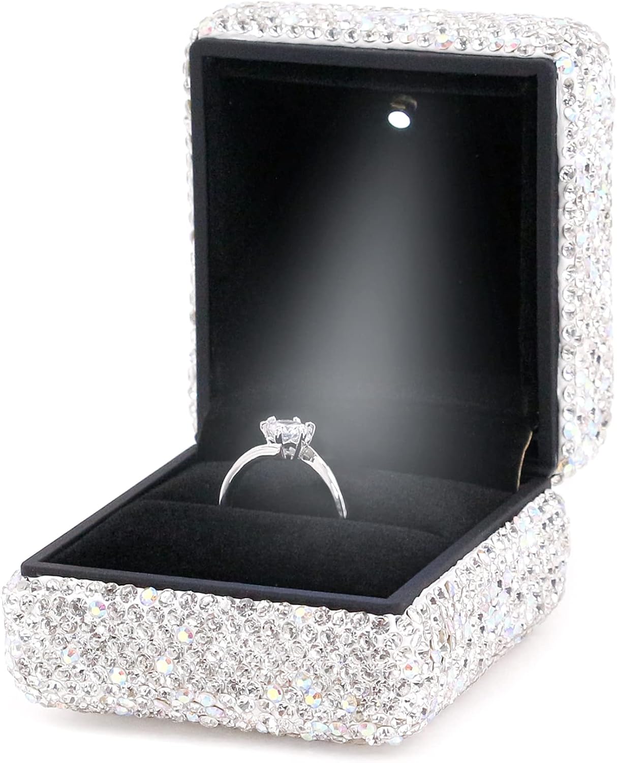 Naimo Rhinestone Square Ring Box with LED Light Luxury Ring Case Display Holder Jewelry Gift Box for Proposal Engagement Wedding Anniversary Valentines