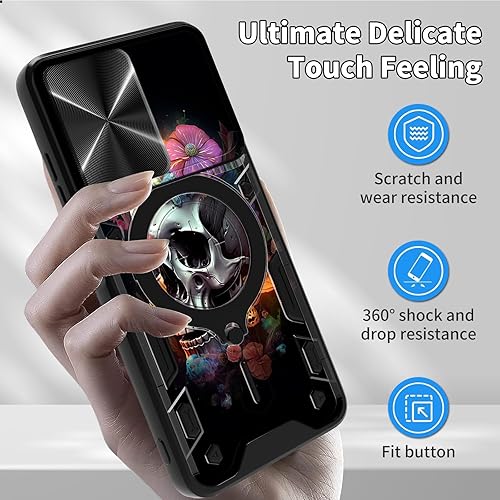 Vista 32 de Funda para Samsung Galaxy A13 5G con cubierta deslizante para lente de cámara y anillo giratorio de 360 grados, soporte híbrido de doble capa Flores