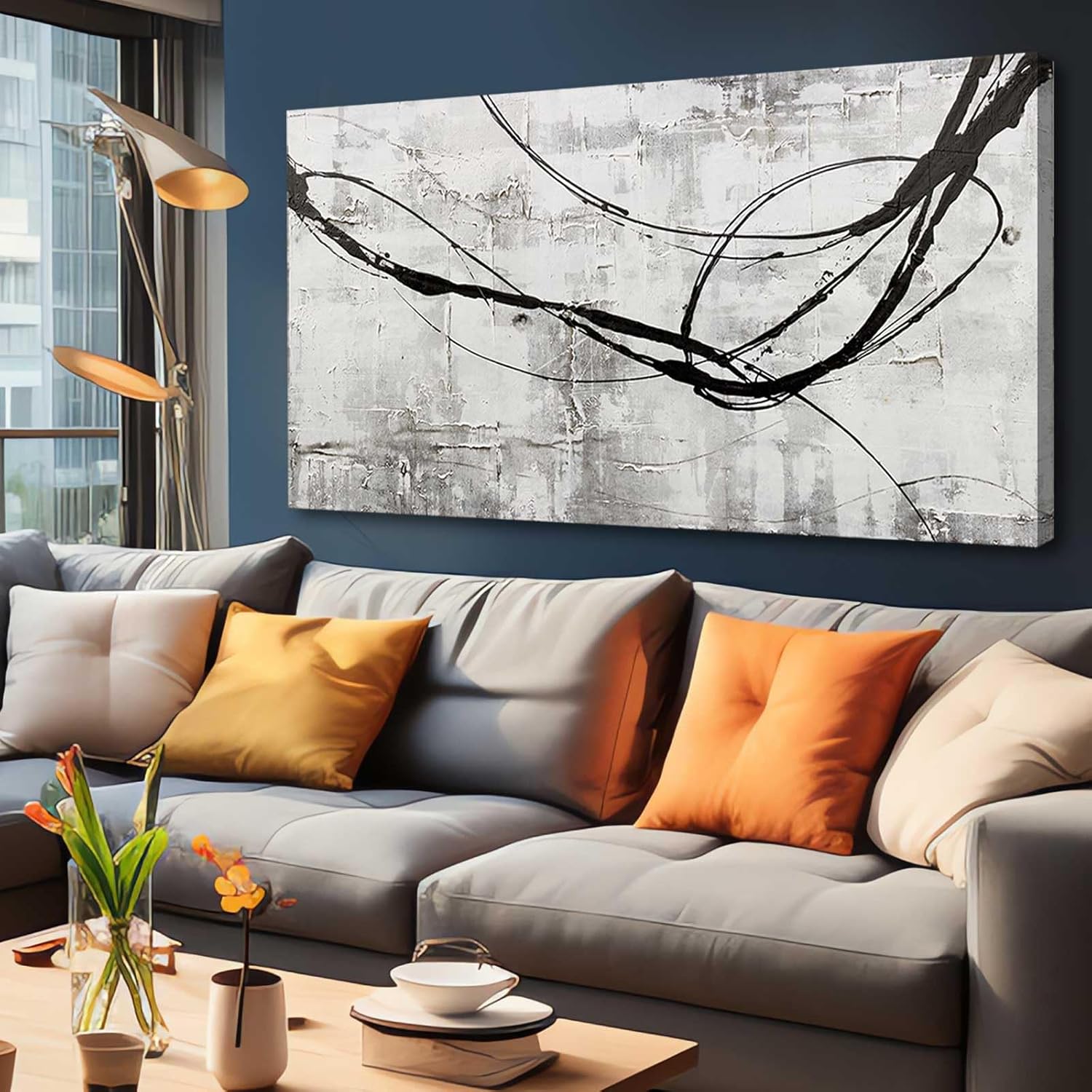 XIANSHOU Maximalist Decor Black and White Wall Decor Grey Modern Wall Art Pictures for Office Wall Decorations 24"x 48" Big Painting Artwork Bedroom Living Room Hotel