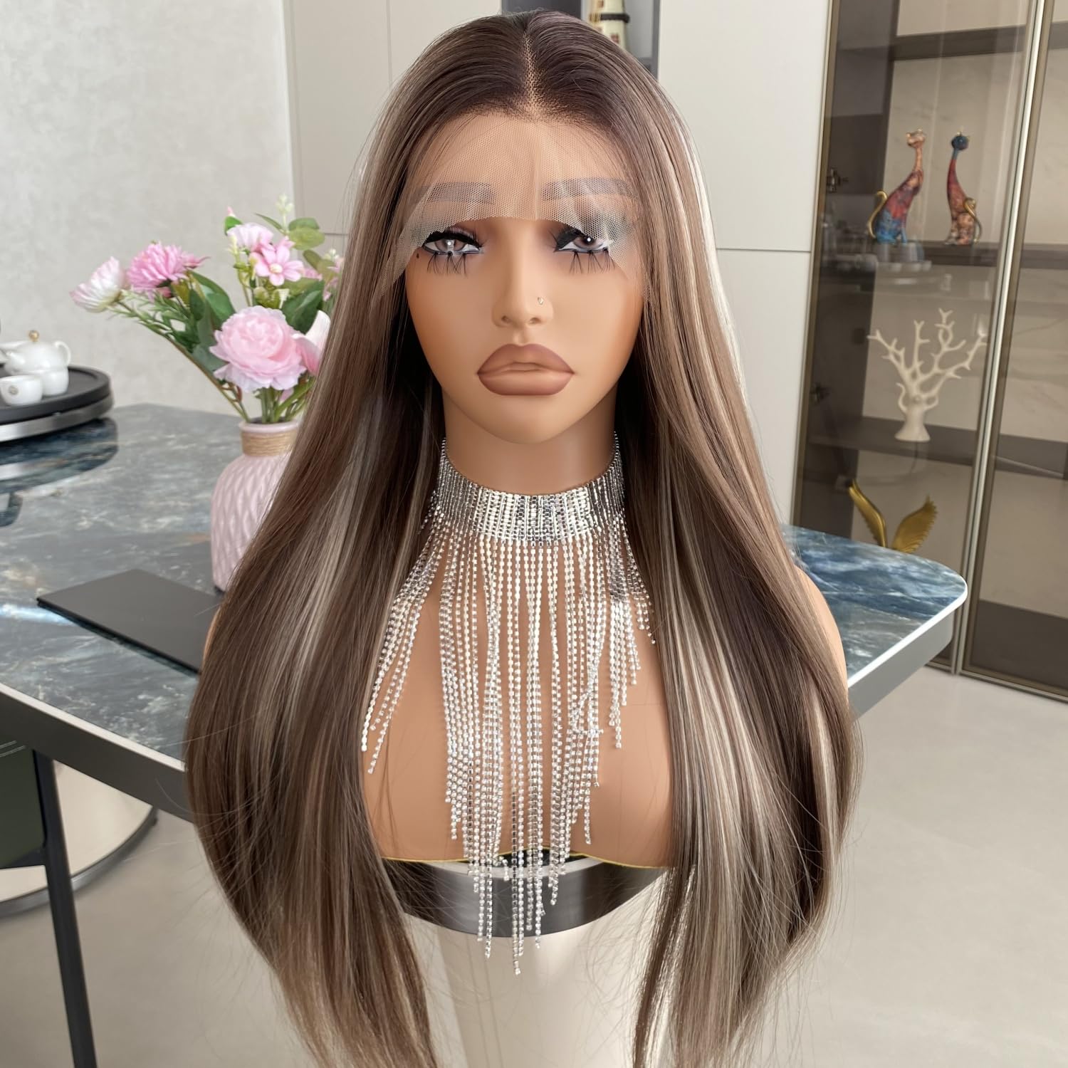 Carkira Chocolate Brown Lace Front Wig Highlight Ash Blonde Hair 13x4 Long Straight Ombre Synthetic Fiber Wigs 22Inch for Women