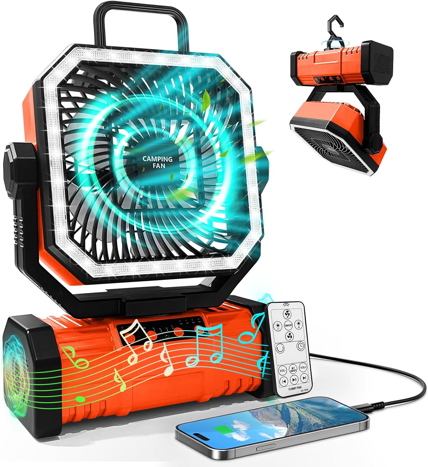 20000mAh Portable Camping Fan W/Bluetooth Speaker, Rechargeable Battery Operated Oscillating Camp Tent Fan W/Remote control, 4 Speeds, LED lights & 360° Rotation Hook for Outdoor RV Travel 20000mAh Portable Camping Fan W/Bluetooth Speaker, Rechargeable Battery Operated Oscillating Camp Tent Fan W/Remote control, 4 Speeds, LED lights & 360° Rotation Hook for Outdoor RV Travel