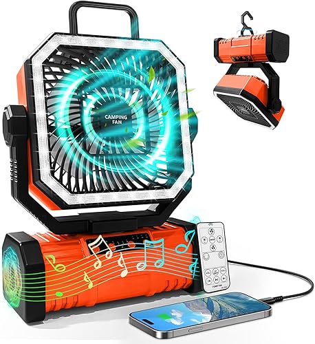 Ventilador de camping portátil de 20000 mAh con altavoz Bluetooth, ventilador oscilante recargable de tienda de campaña con control remoto, 4