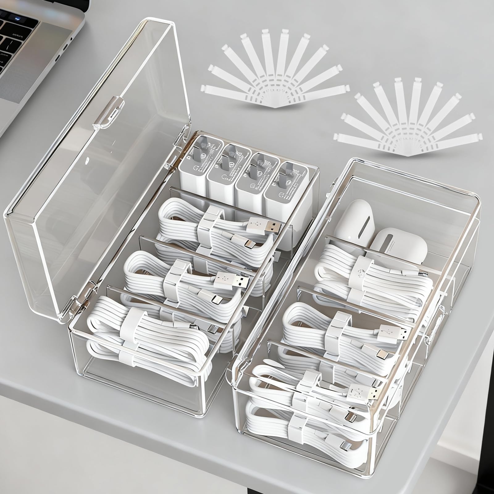 FRETONBA Kabel Organizer Box mit Deckel mit 4 Fächern und 20 Kabelbindern