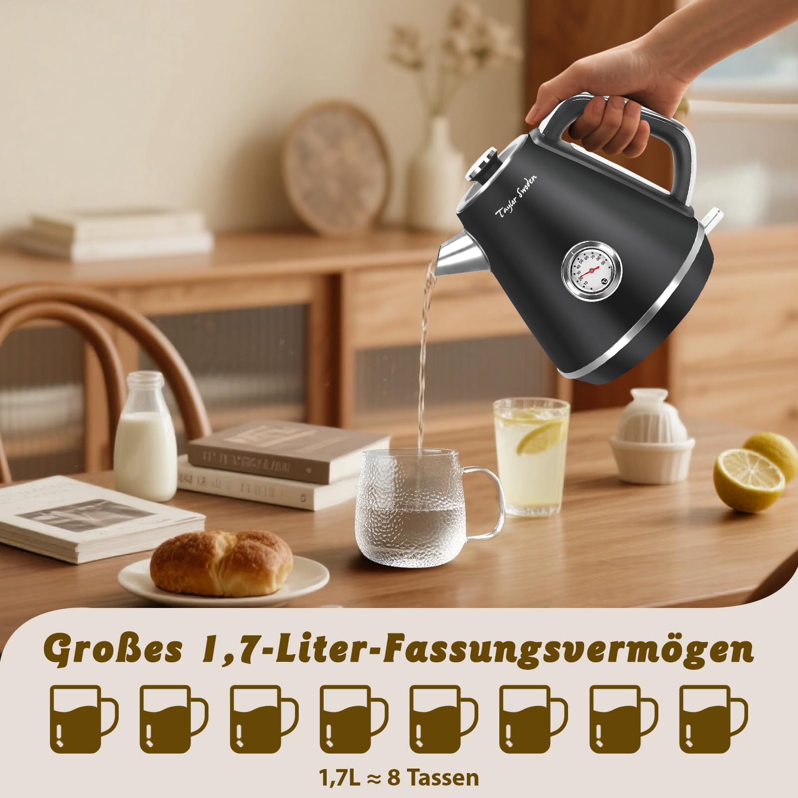 Taylor Swoden Retro Wasserkocher 1,7L Mit Temperaturanzeige Edelstahl 2200W | Mit analoger Temperaturanzeige, beleuchteter Wasserstandsanzeige, Anti-Kalkfilter und Abschaltautomatik