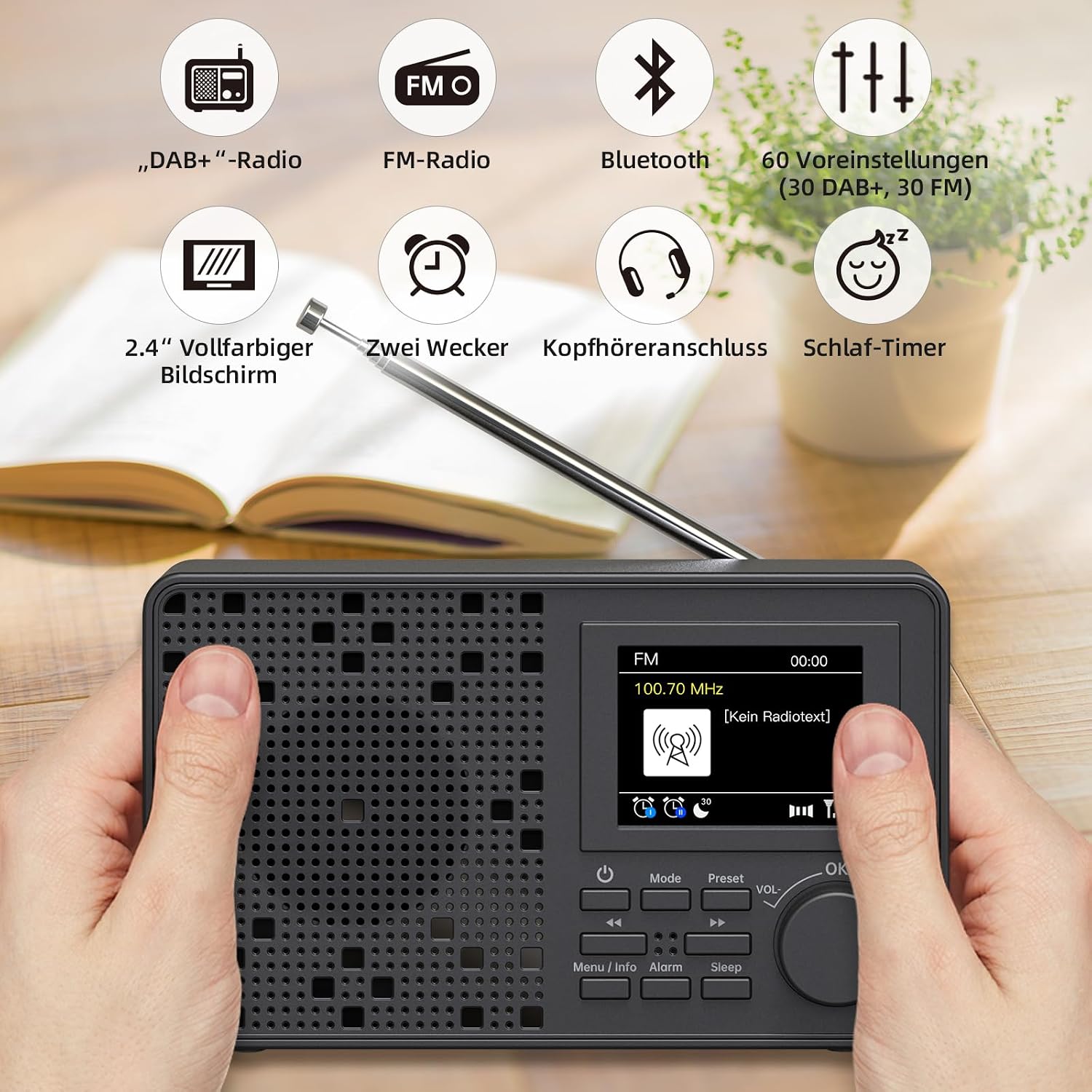LFF DAB Radio front view with controls and 2.4-inch color display
