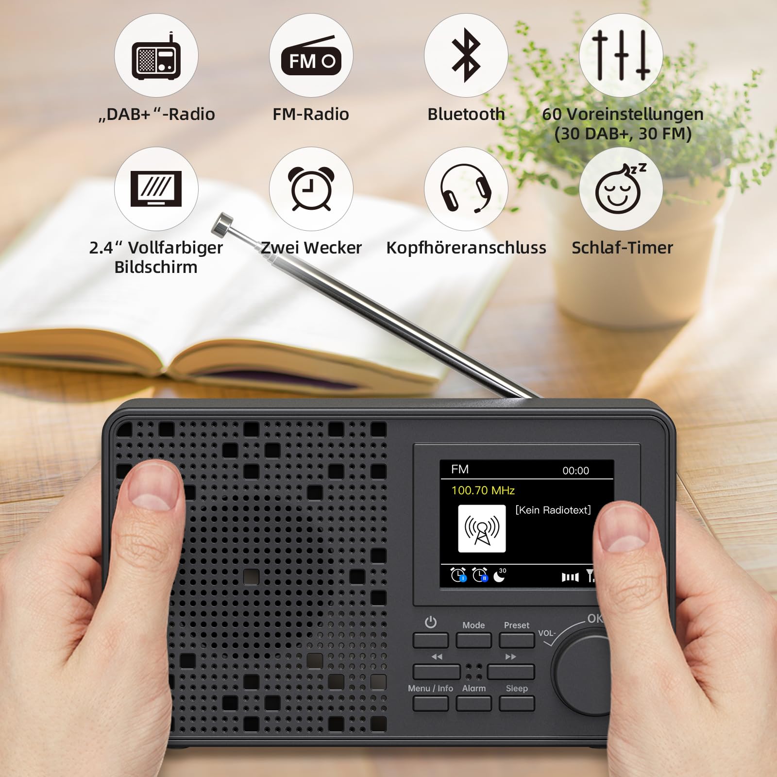 DAB Radio, LFF DAB Plus Radio, Dab Digitalradio, Digital Radios mit Bluetooth, Kleines Radios mit Netzstecker, Küchenradio Dab+ Batteriebetrieben UKW, 2,4" Farbdisplay Schwarz