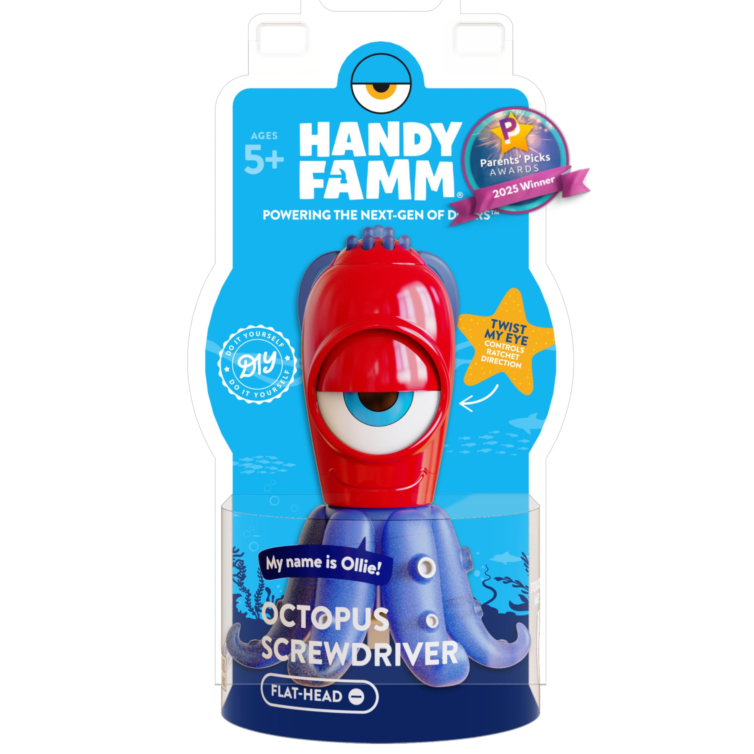 Handy Famm Ollie the Octopus Flathead Screwdriver, Kid Safe STEM DIY Tool with Stabilizer Legs, Real Flat Head Screwdrivers for Kids 5 and Up