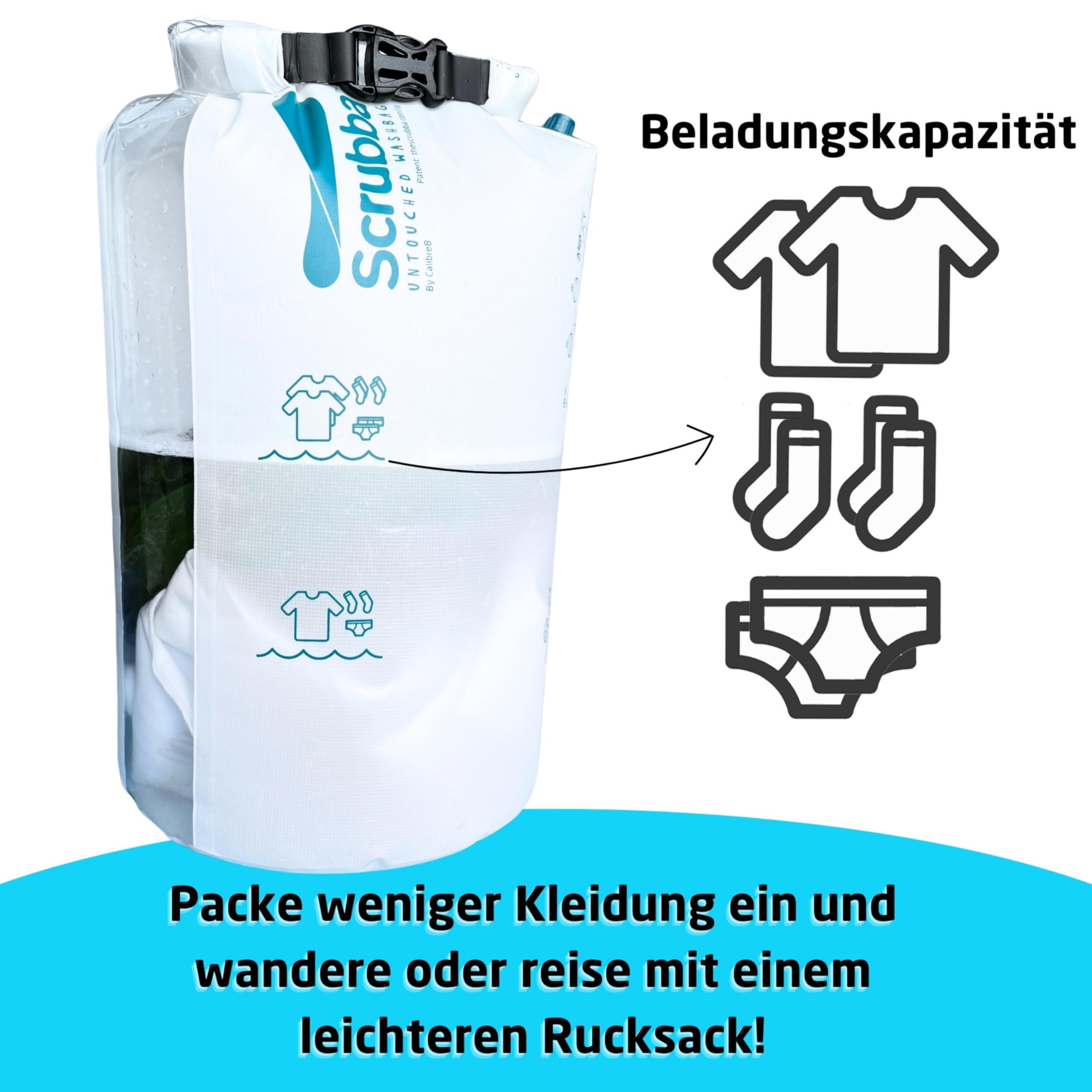 Scrubba UNTOUCHED Waschbeutel – Manuelle Reise-Handwaschmaschine ohne Strom – Ultraleicht & umweltfreundlich – Ideal für Camping Outdoor, unterwegs & Babywäsche – Faltbar – 150g